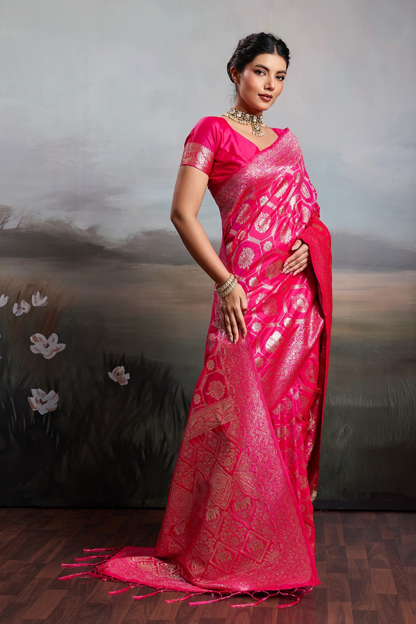 Buy MySilkLove Pizzazz Pink Woven Banarasi Soft Silk Saree Online