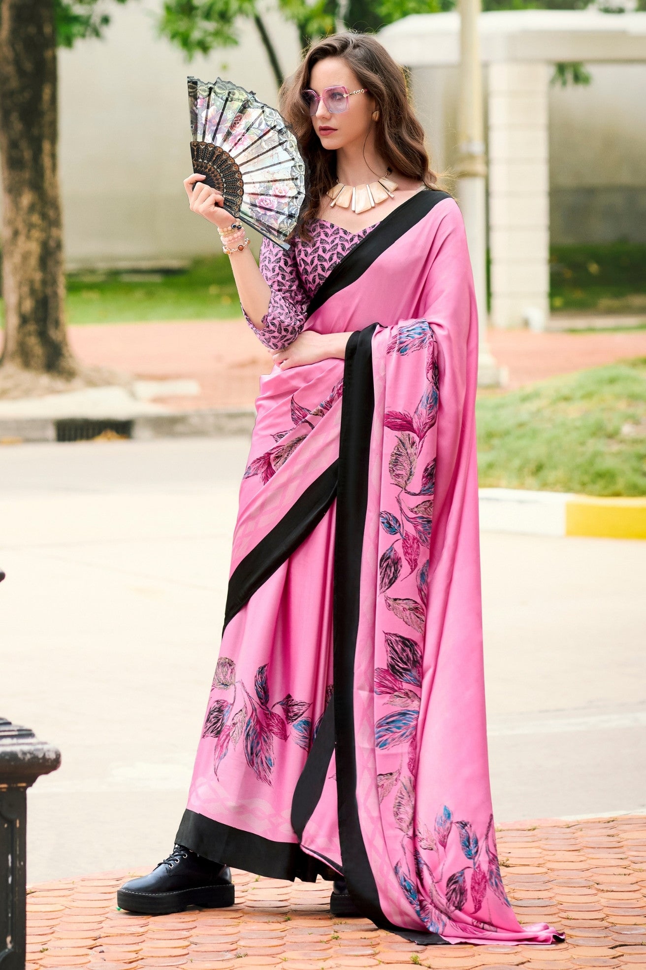 Buy MySilkLove Barbie Pink Printed Satin Crepe Saree Online