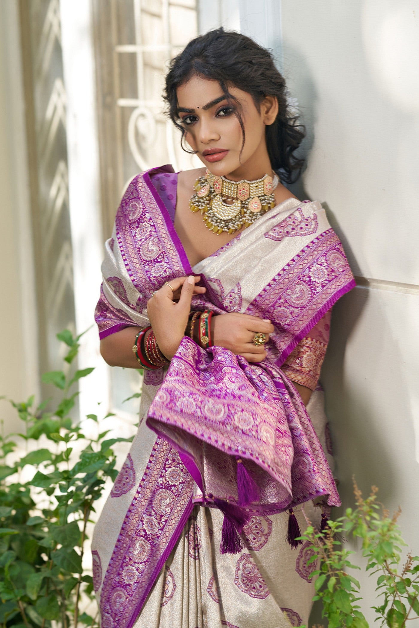 Buy MySilkLove Classic Ivory and Purple Woven Banarasi Saree Online