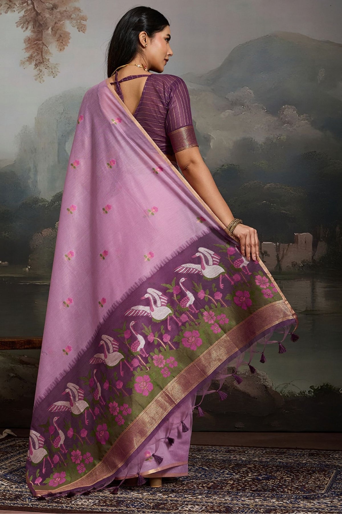 Buy MySilkLove Iris Purple Cotton Handloom Swan Saree Online