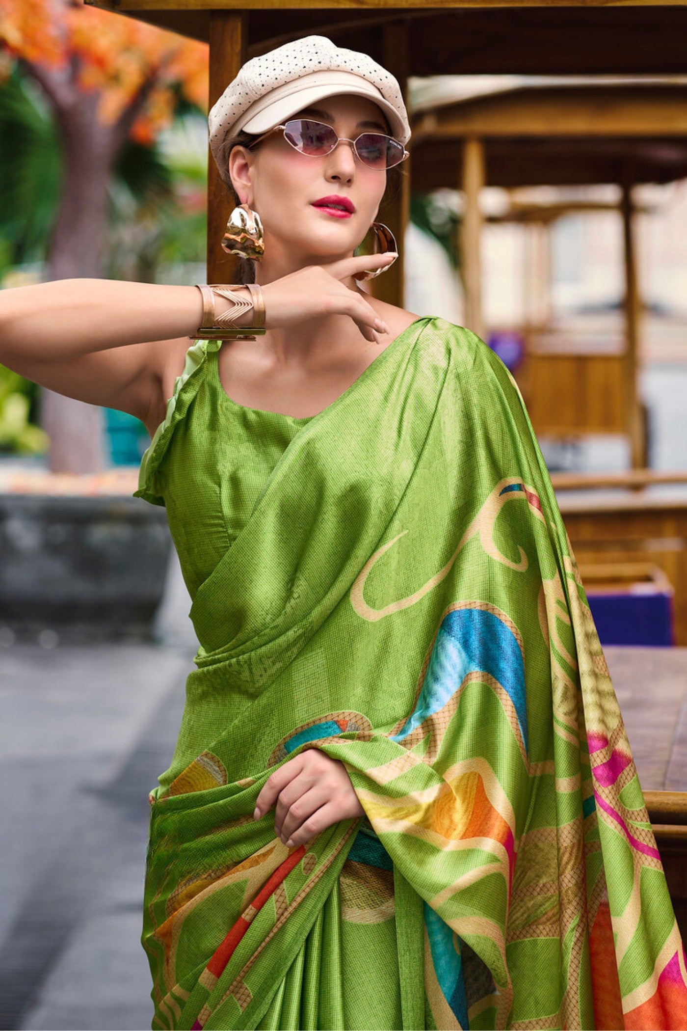 MySilkLove Wasabi Green Printed Satin Crepe Silk Saree