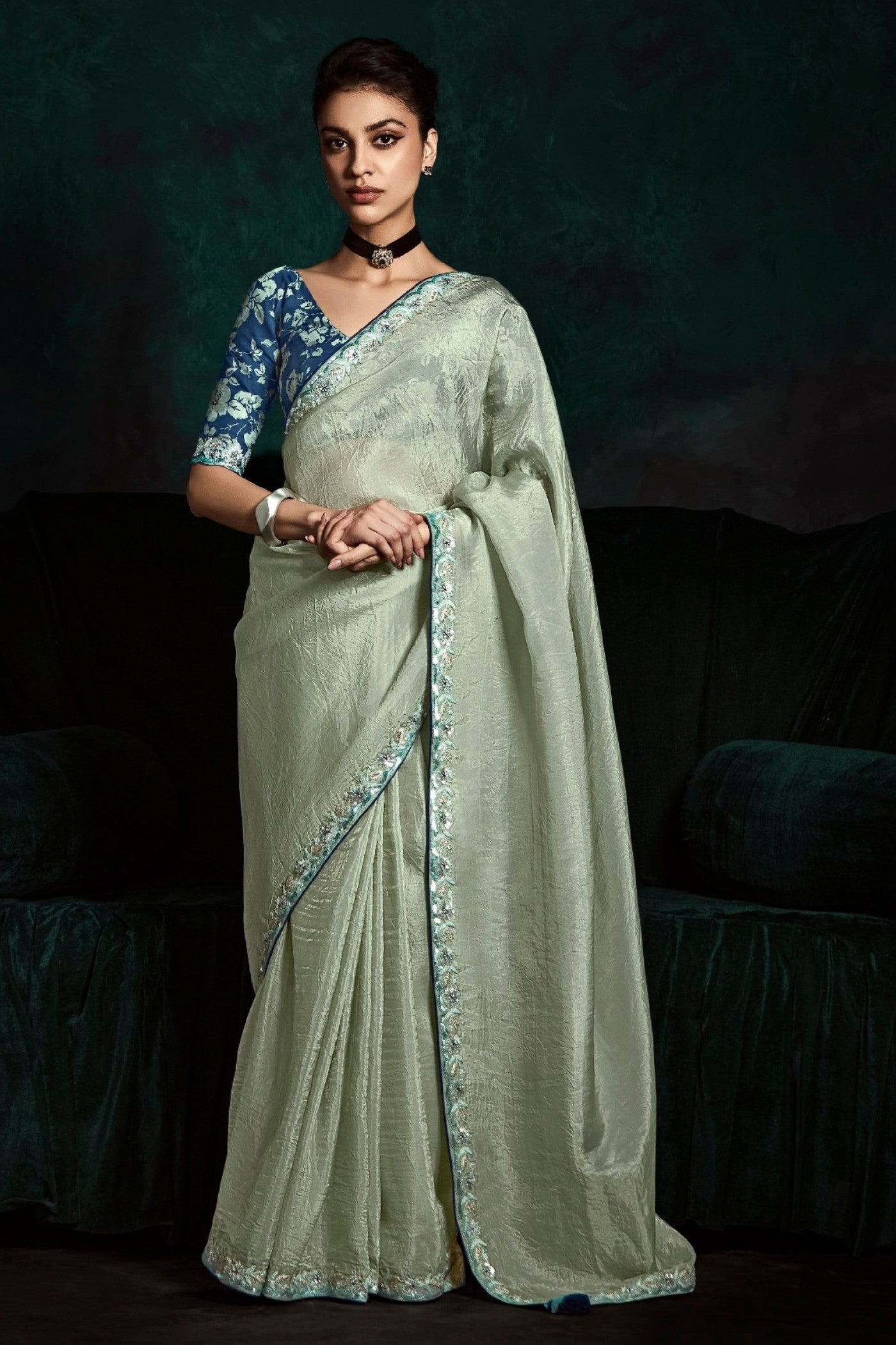 Buy MySilkLove Sage Green Embroidered Tissue Designer Saree Online