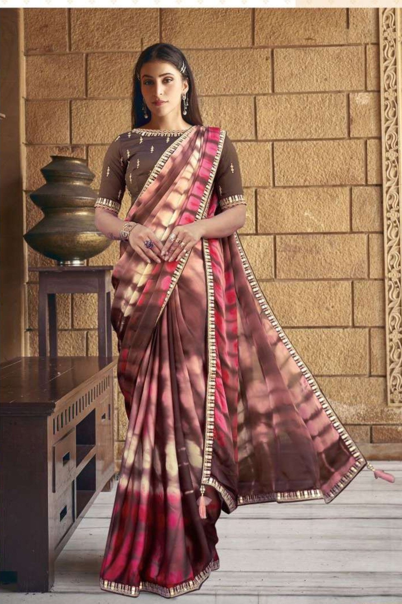 Buy MySilkLove Coral Tree Brown Georgette Printed Silk Saree Online