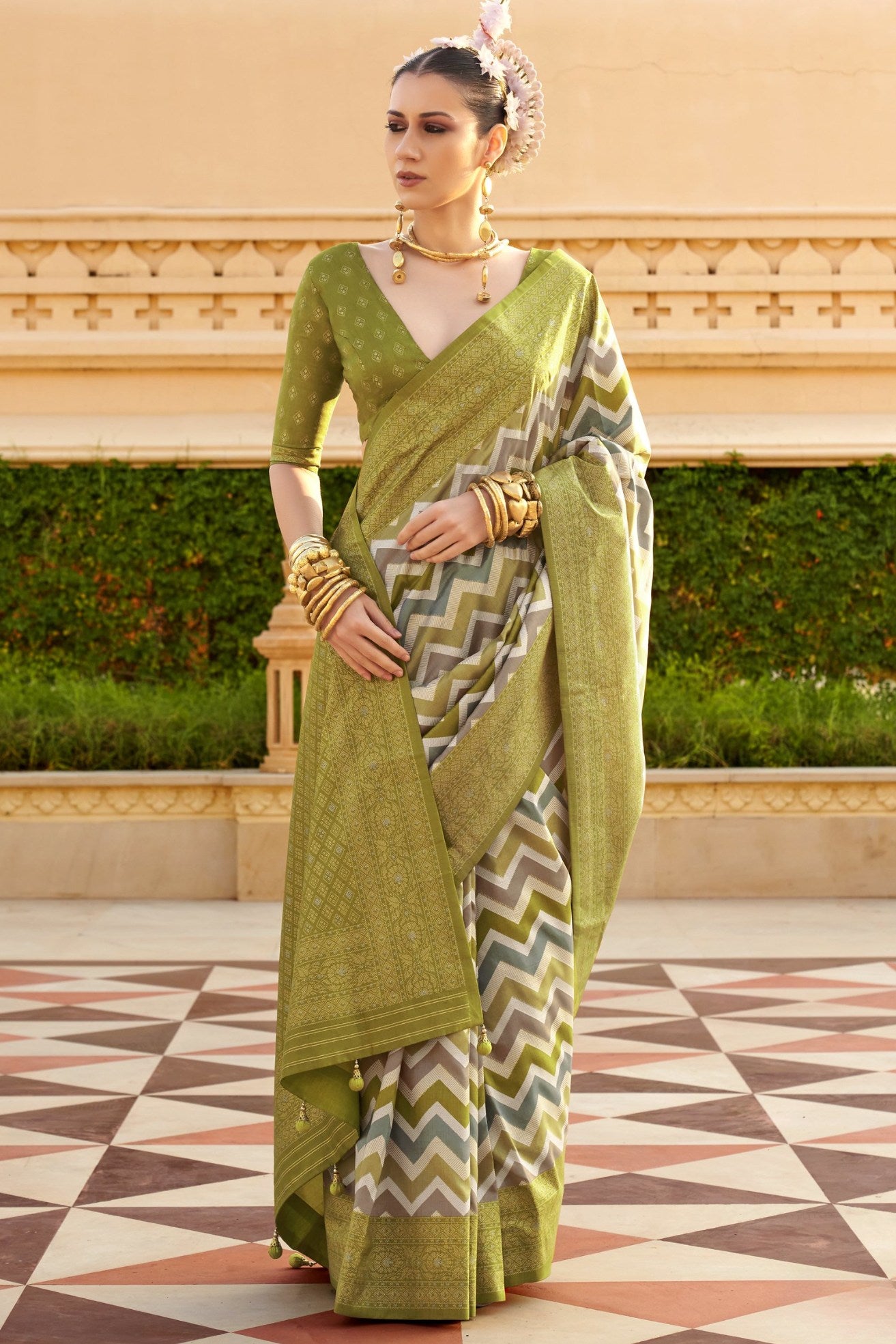 Buy MySilkLove Olive Green Woven Patola Printed Silk Saree Online