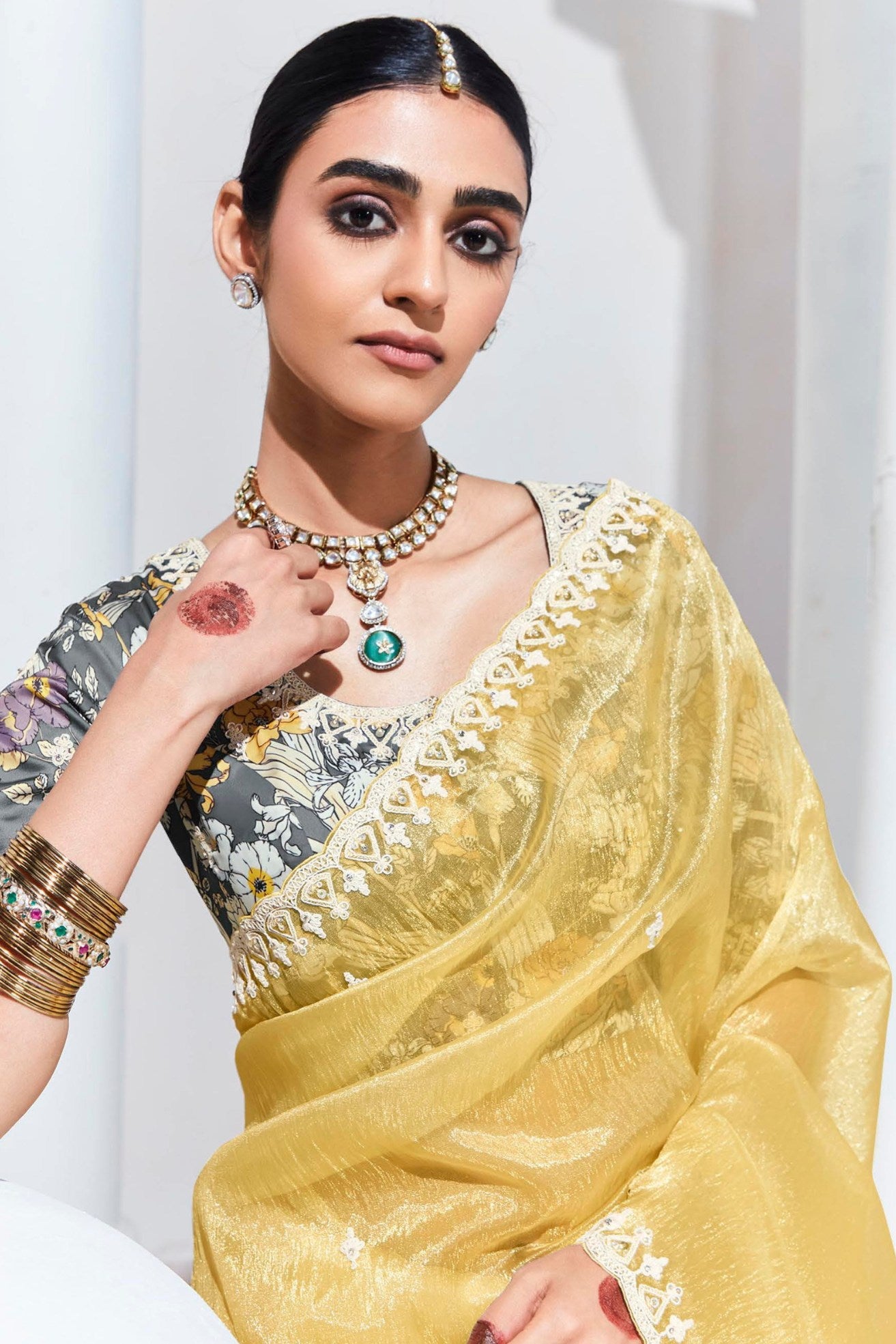 Buy MySilkLove Portafino Yellow Tissue Organza Designer Partywear Saree Online