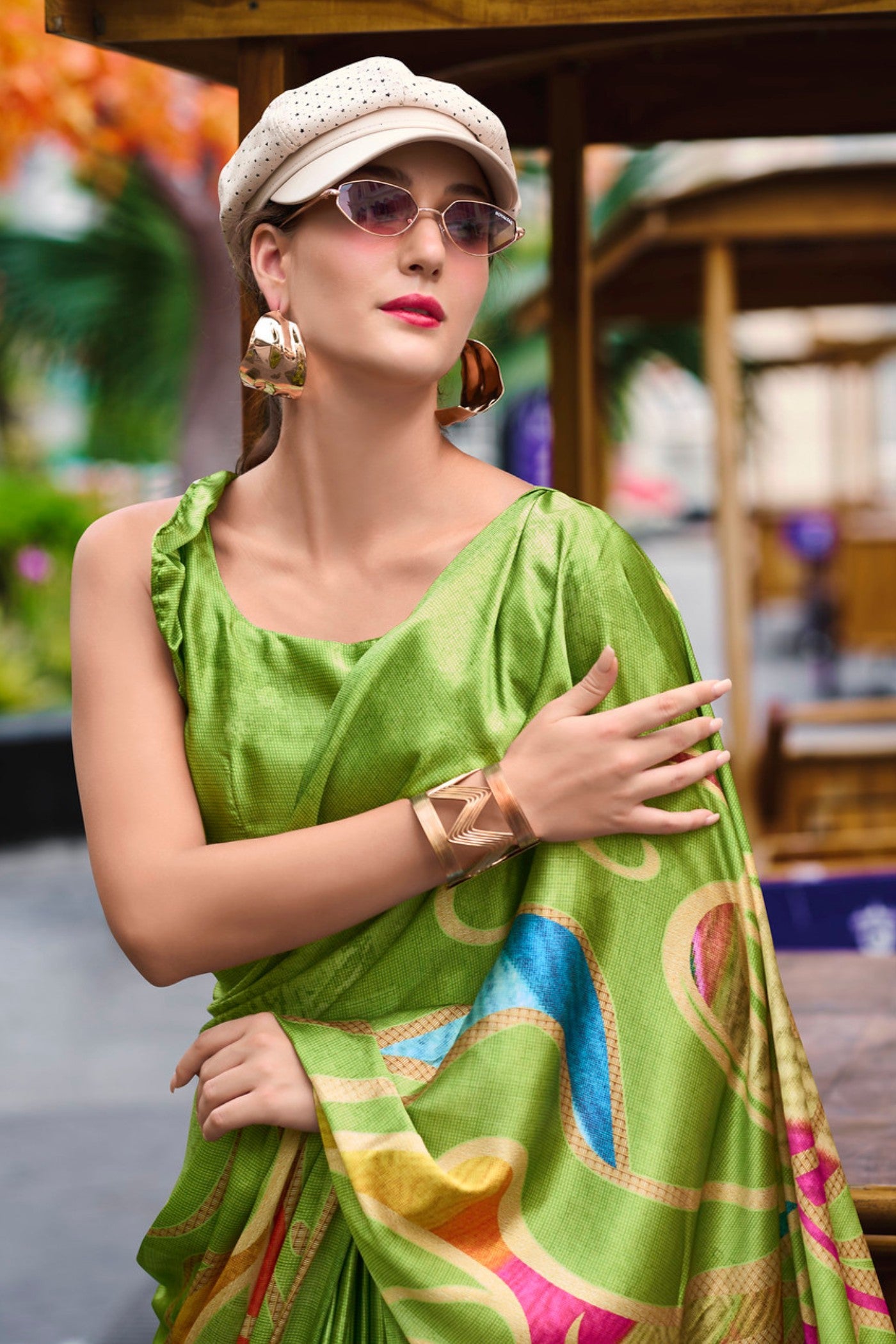 Buy MySilkLove Wasabi Green Printed Satin Crepe Silk Saree Online