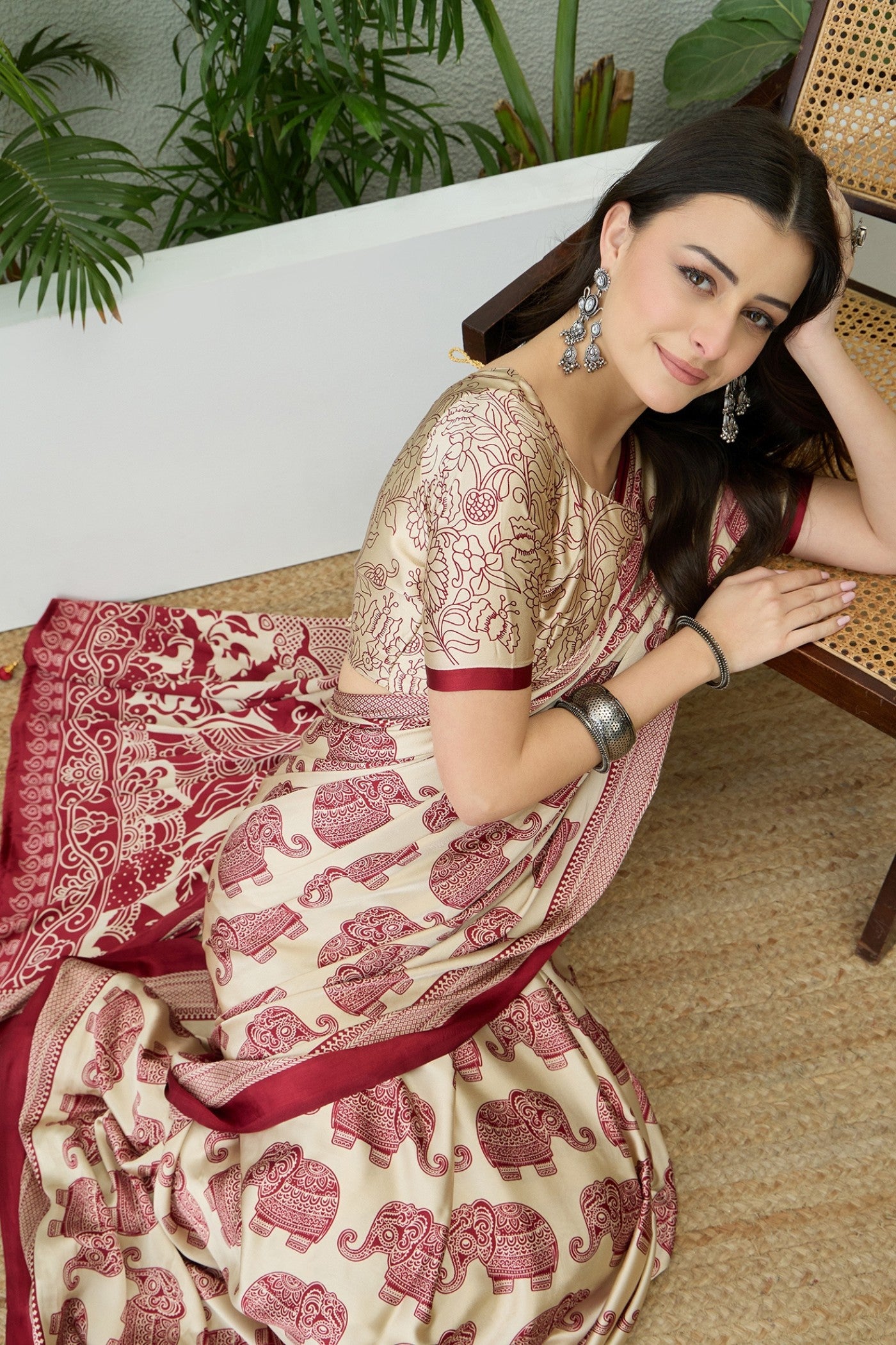 Buy MySilkLove Nacreous Cream and Red Ajrakh Printed Satin Crepe Silk Saree Online