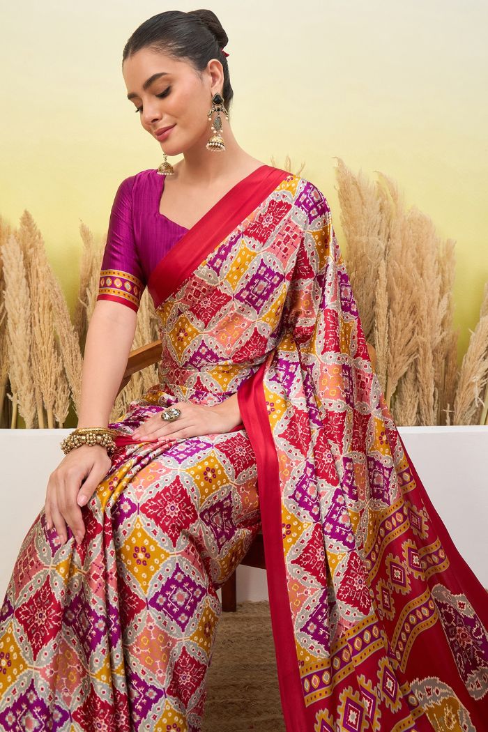 Buy MySilkLove Thistle Purple and Red Patola Printed Satin Crepe Silk Saree Online
