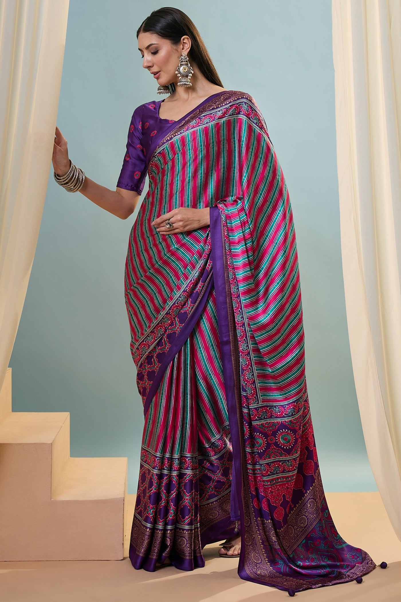 Buy MySilkLove Hexberry Purple Ajrakh Printed Satin Crepe Silk Saree Online