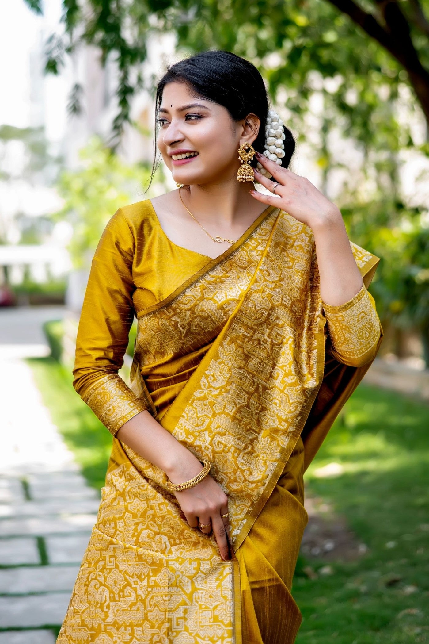 Buy MySilkLove luorescent Yellow Banarasi Handloom Raw Silk Saree Online