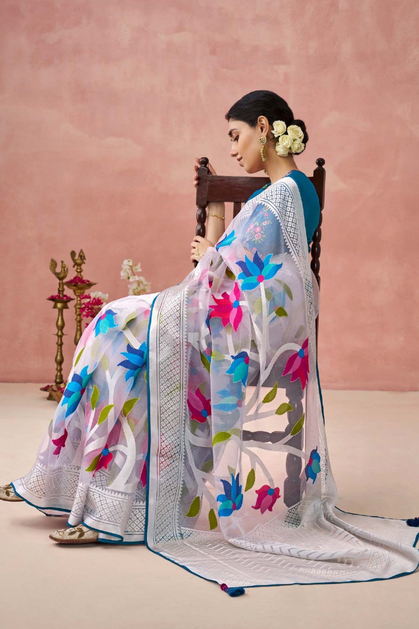 MySilkLove Bismark Blue and White Brasso Organza Printed Saree