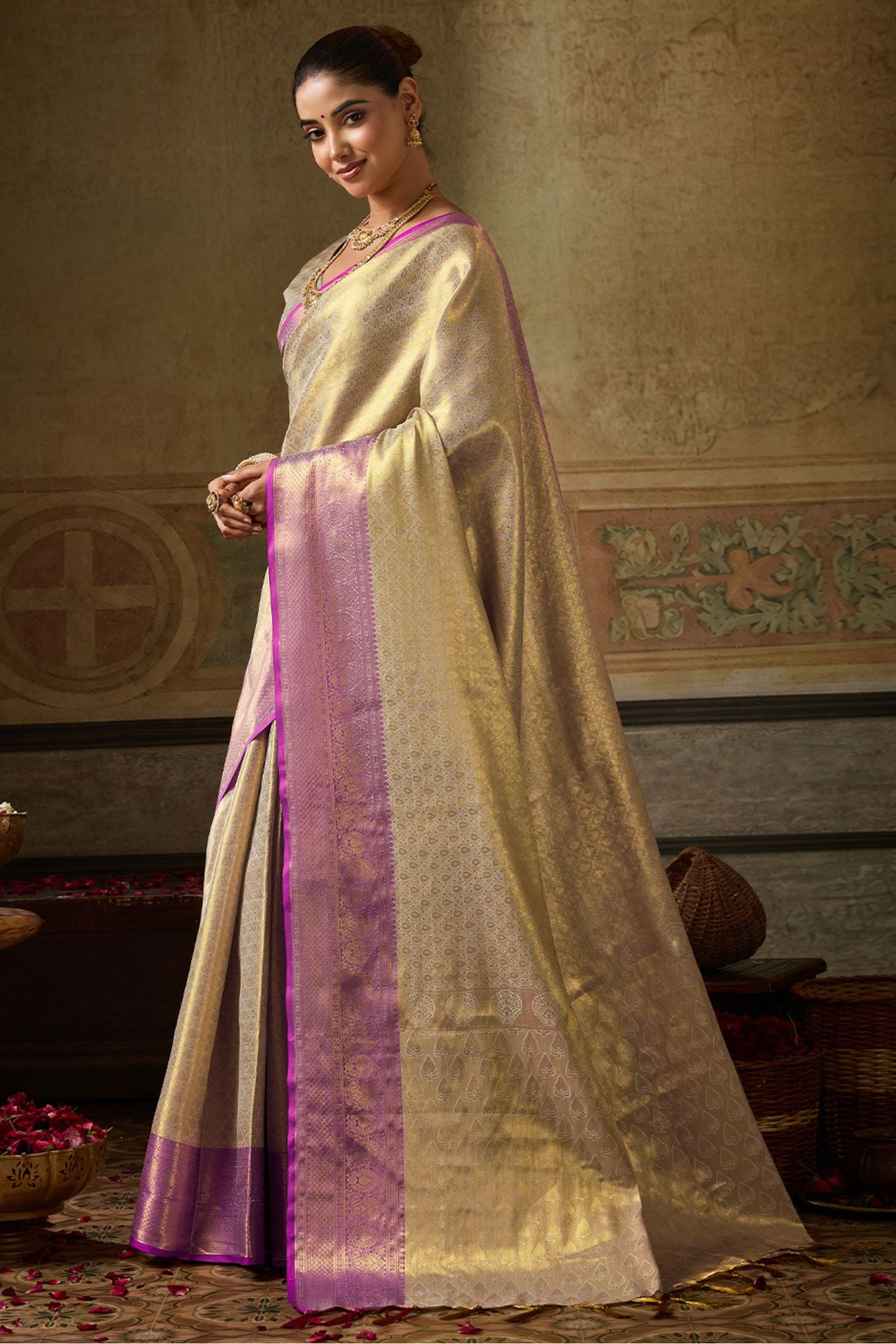 Buy MySilkLove Porcelain Cream Woven Kanjivaram Saree Online