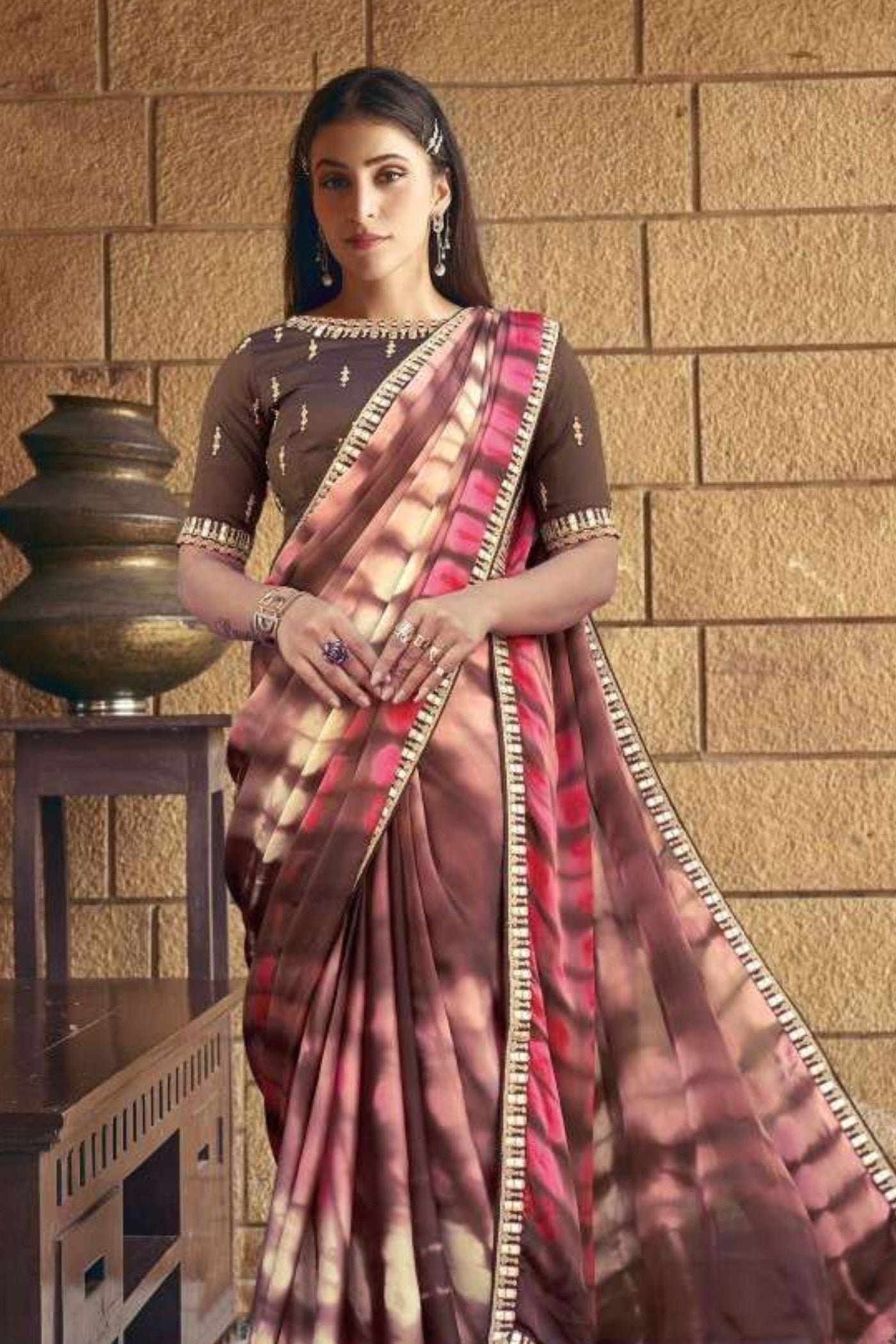 Buy MySilkLove Coral Tree Brown Georgette Printed Silk Saree Online