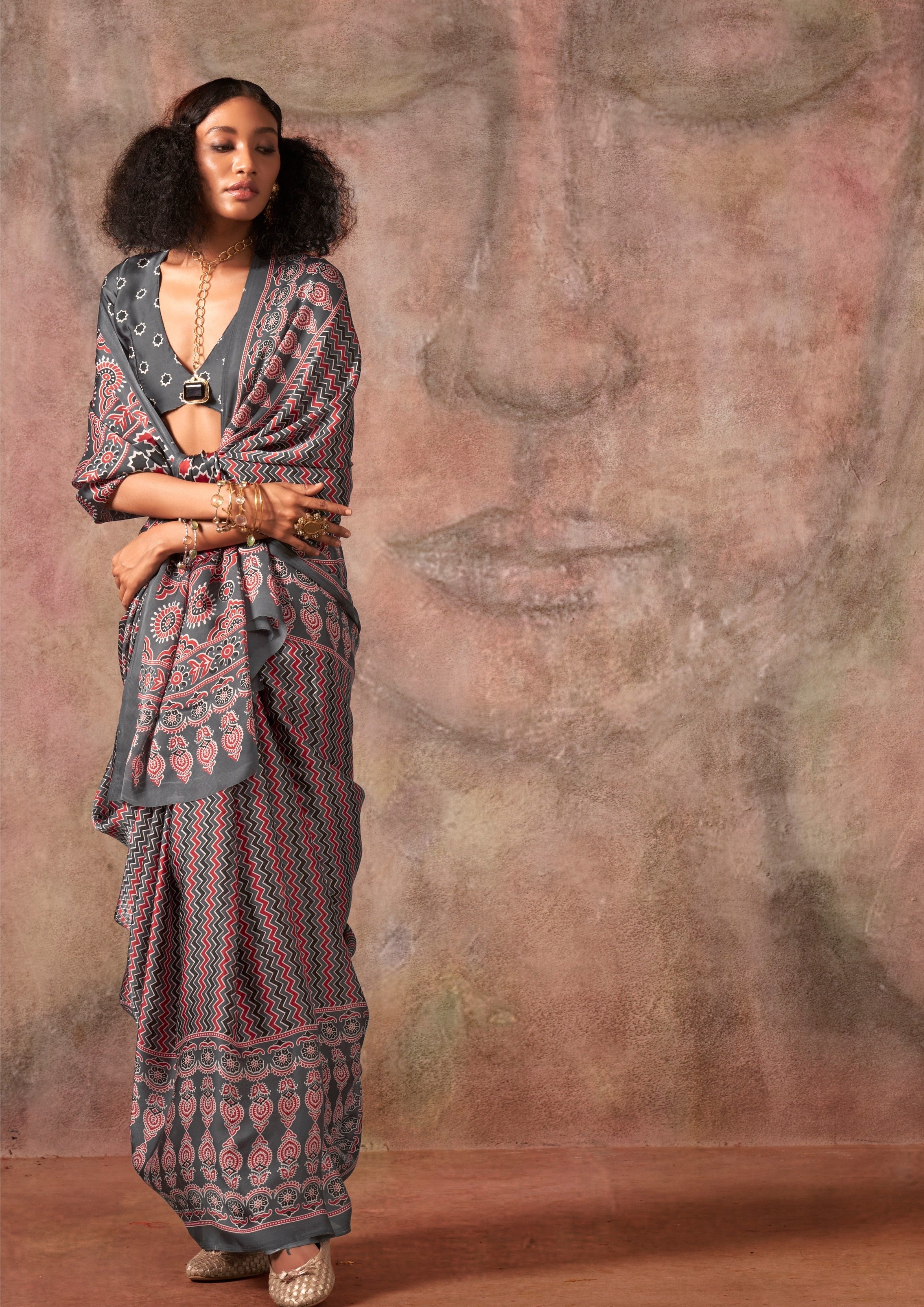 MySilkLove Taupe Grey Ajrakh Printed Satin Georgette Silk Saree