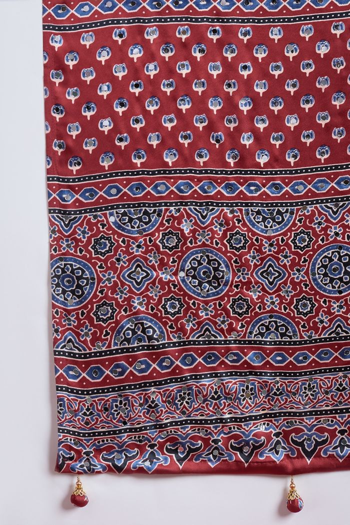 Buy MySilkLove Wine Maroon Modal Ajrakh Satin Printed Mirror Work Saree Online