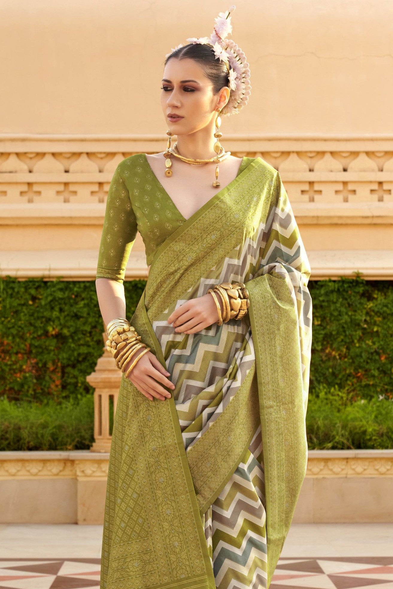 MySilkLove Olive Green Woven Patola Printed Silk Saree