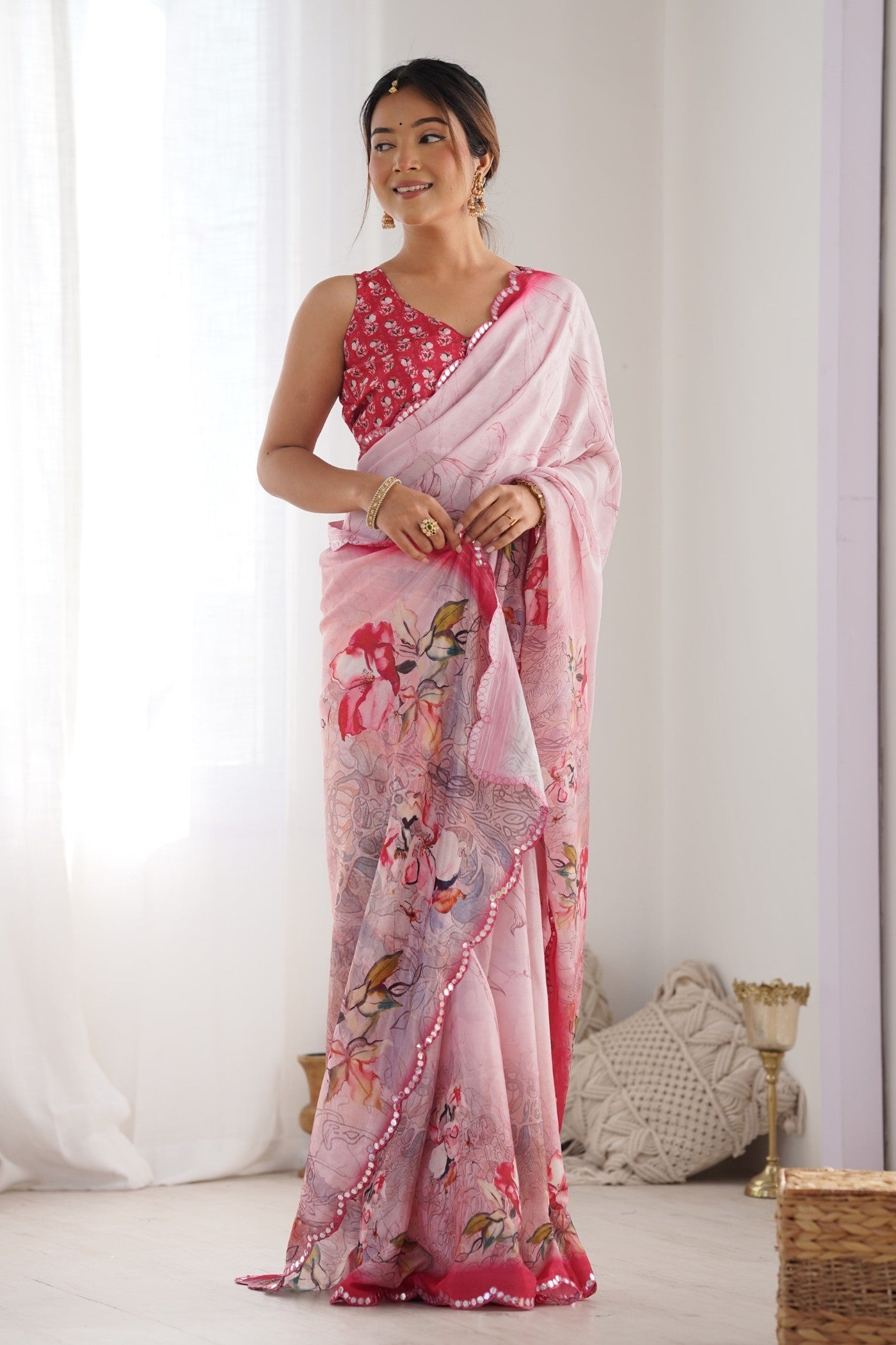 Buy MySilkLove Bush Pink Digital Printed Chinon Saree Online