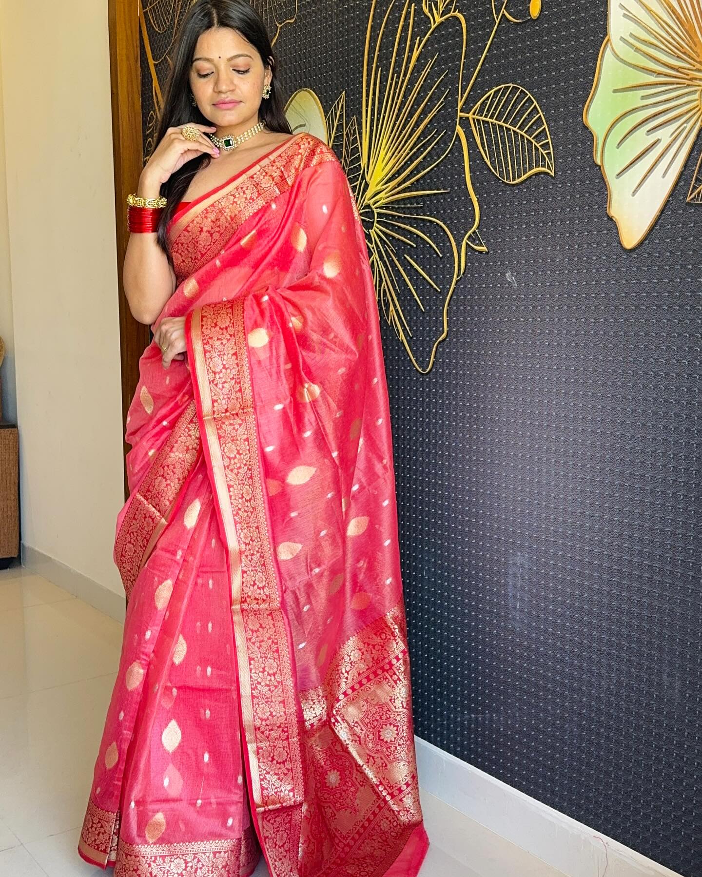 Buy MySilkLove Vivid Peach Woven Banarasi Silk Saree Online