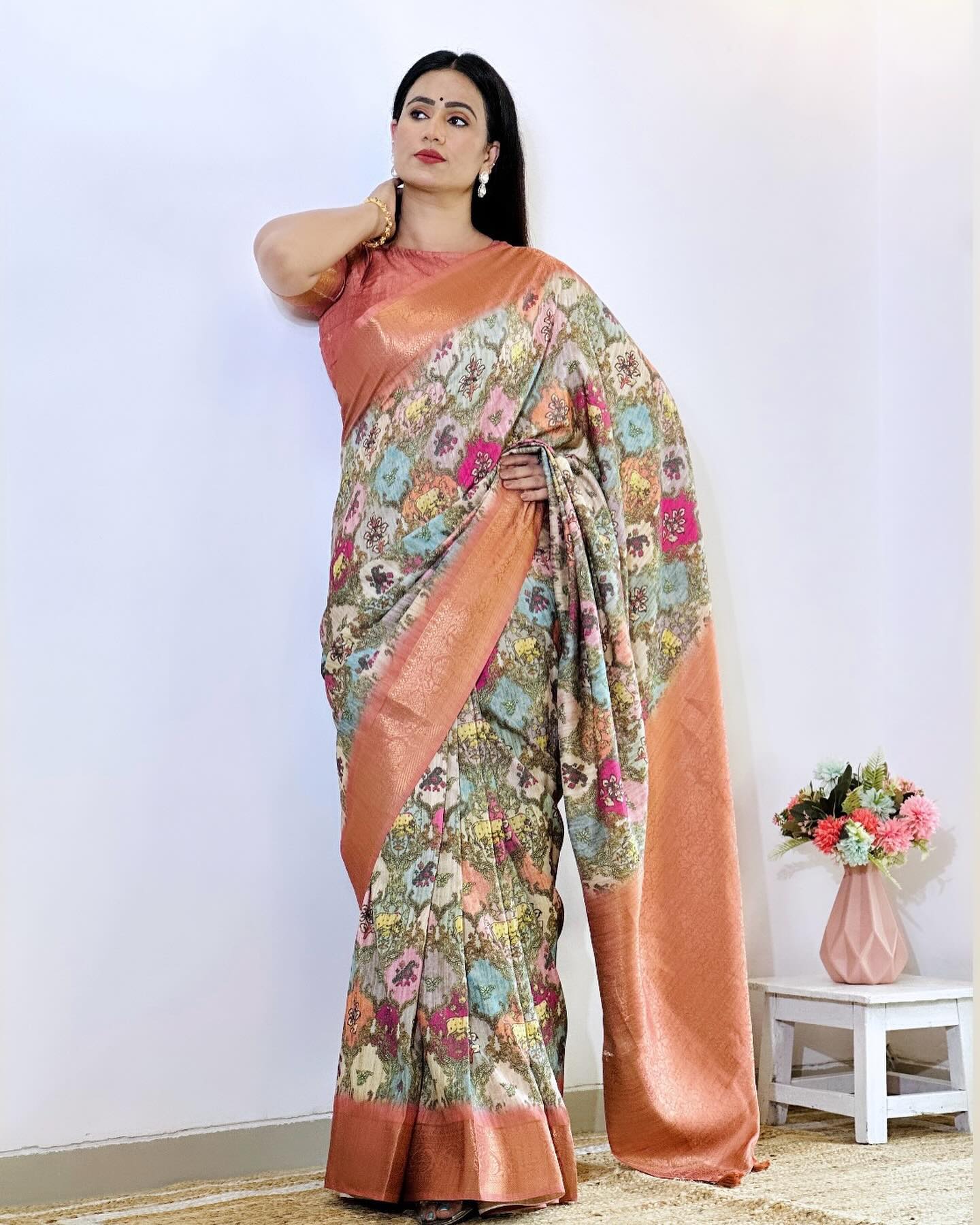 MySilkLove Copper Penny Pink and Brown Digital Printed Tussar Silk Saree