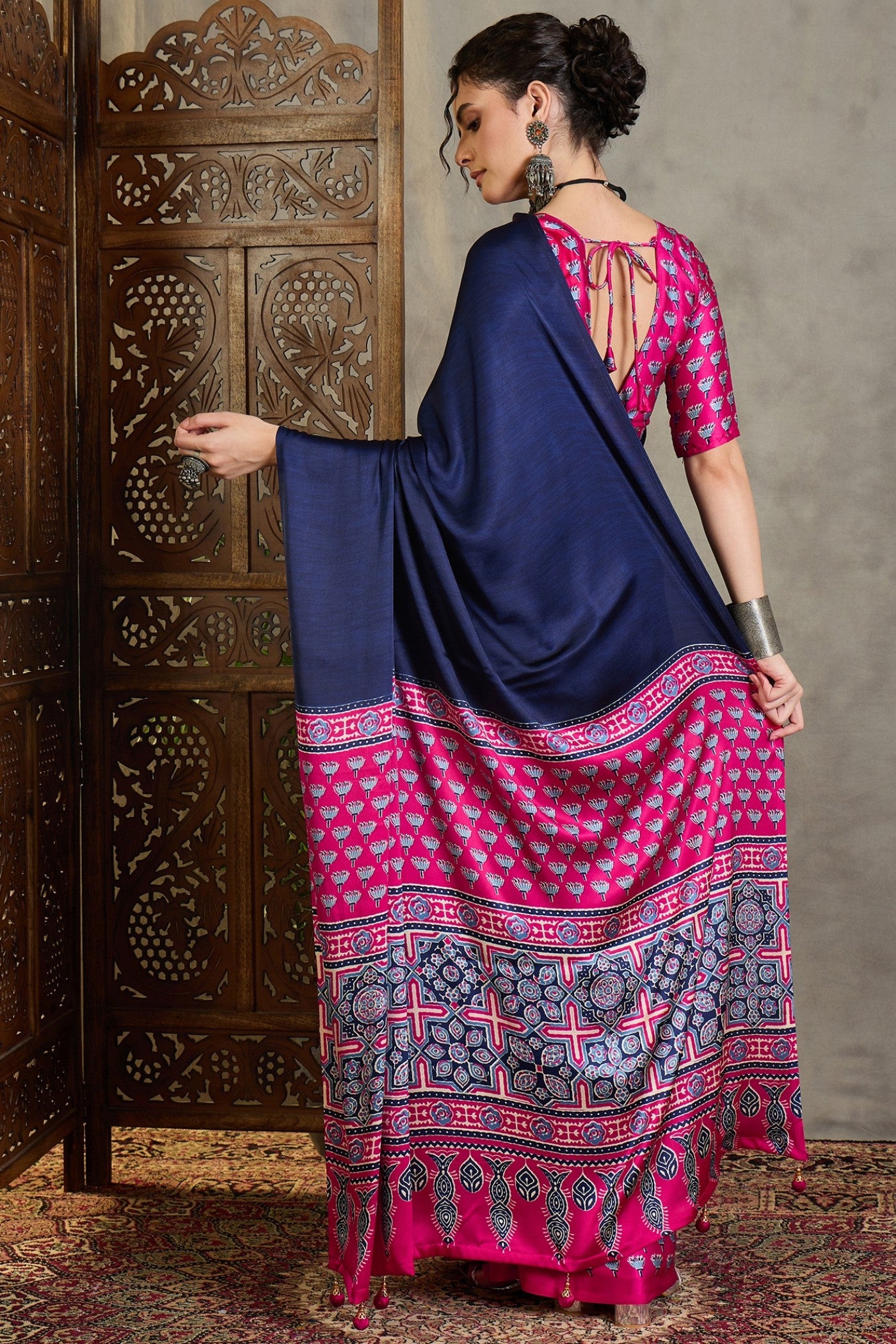 Buy MySilkLove Castle Blue and Pink Ajrakh Printed Satin Crepe Silk Saree Online