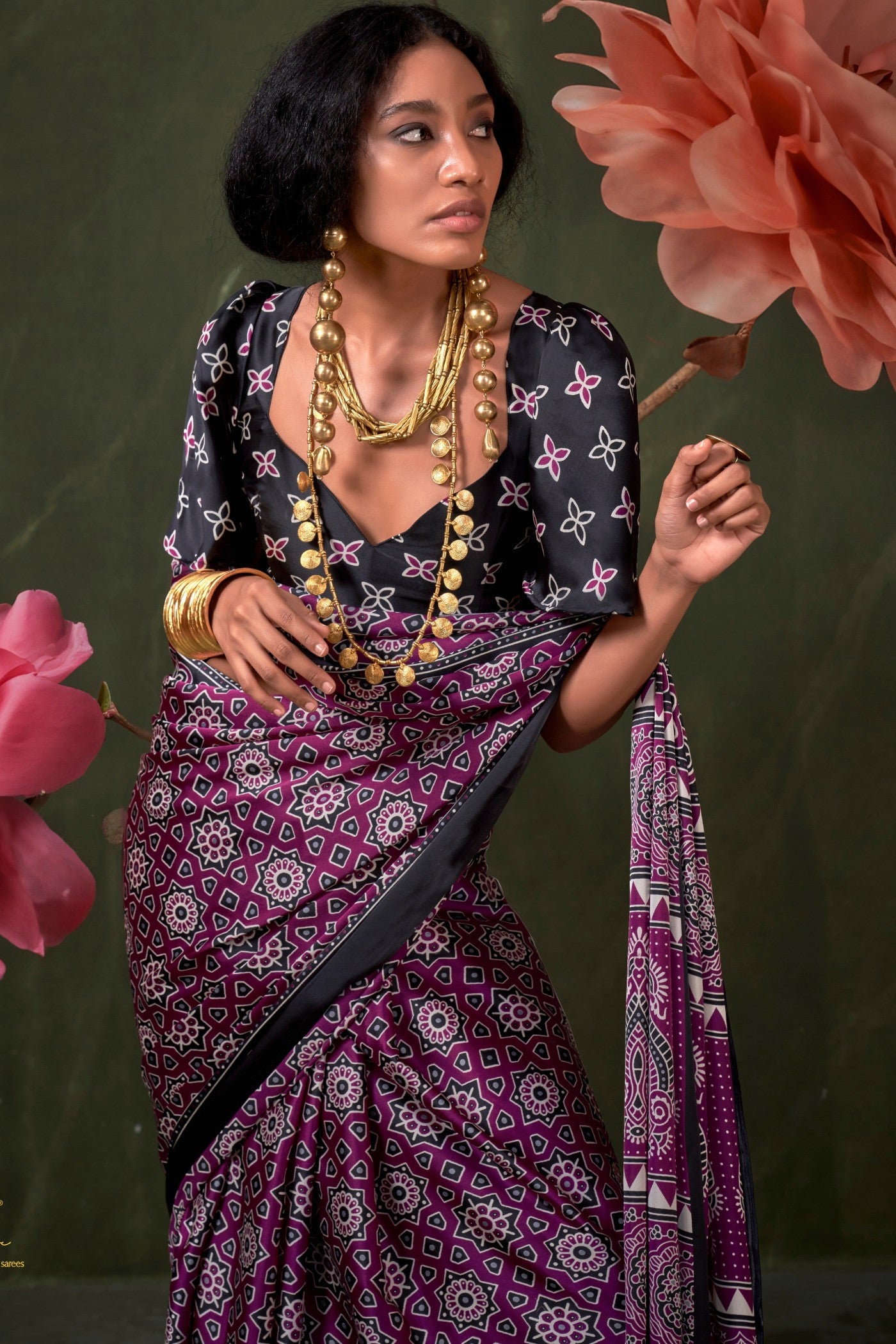MySilkLove Rebecca Purple Ajrakh Printed Satin Crepe Silk Saree