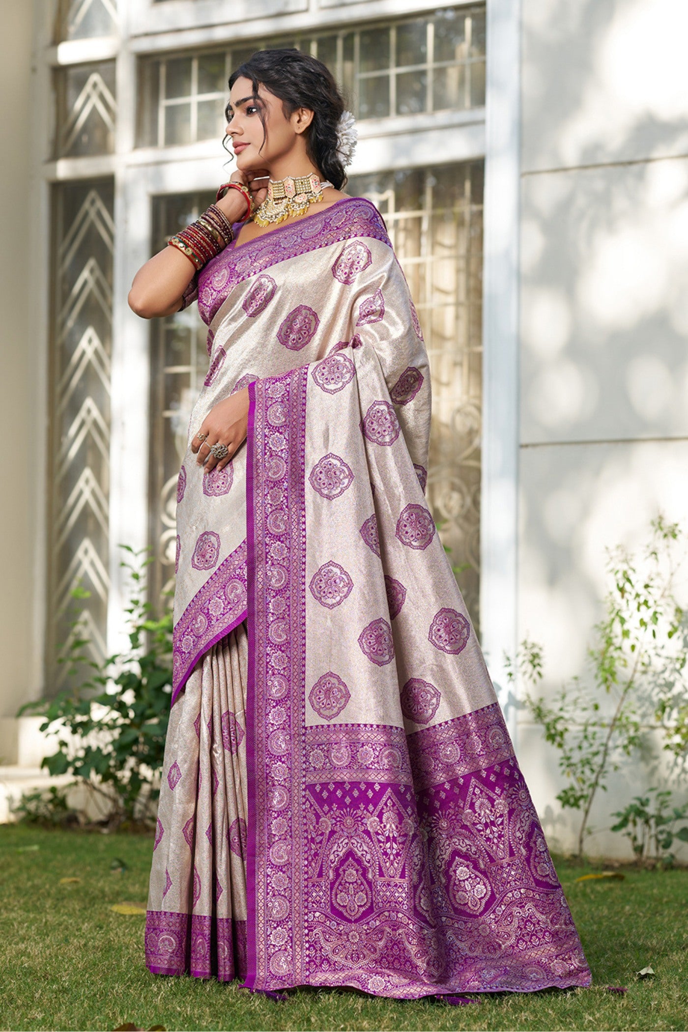 Buy MySilkLove Classic Ivory and Purple Woven Banarasi Saree Online