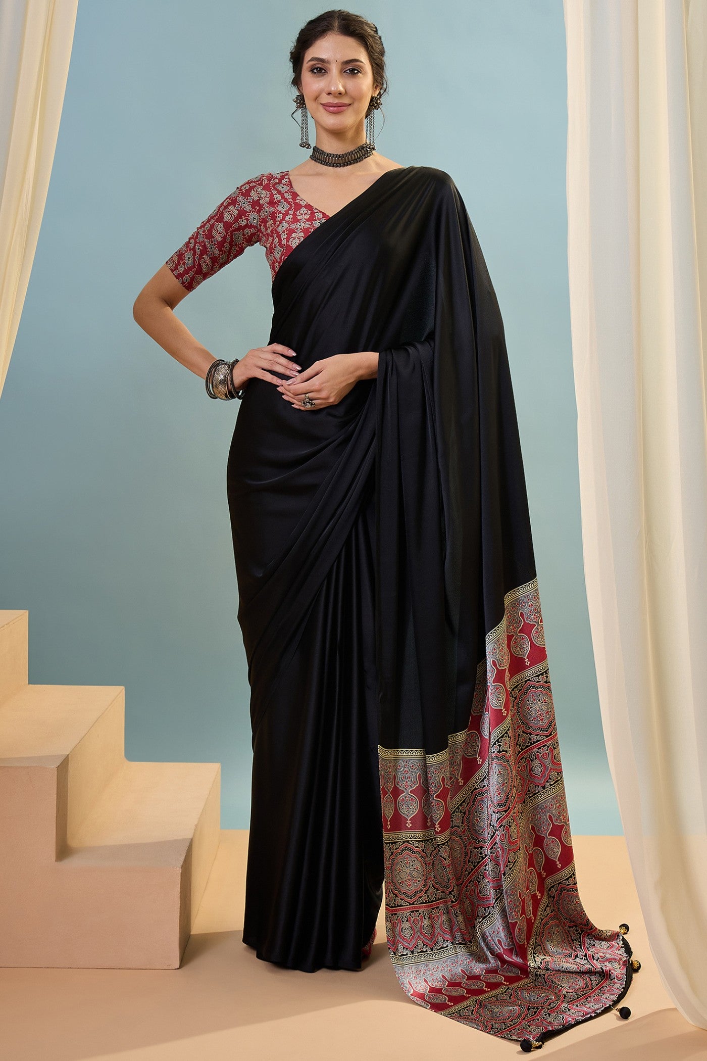 Buy MySilkLove Starfall Black Ajrakh Printed Satin Crepe Silk Saree Online