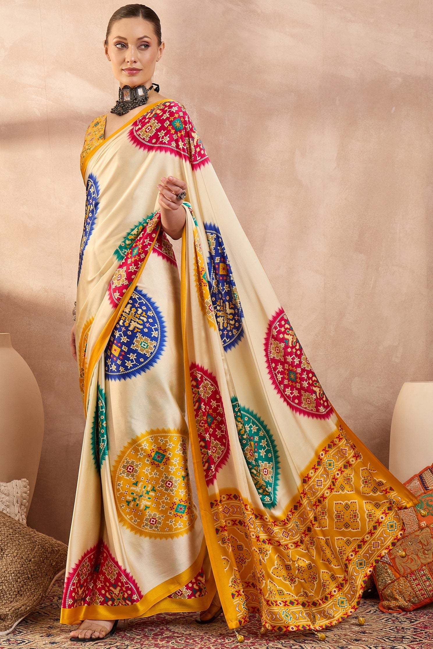 Buy MySilkLove Seashell Cream and Yellow Modal Ajrakh Printed Silk Saree Online