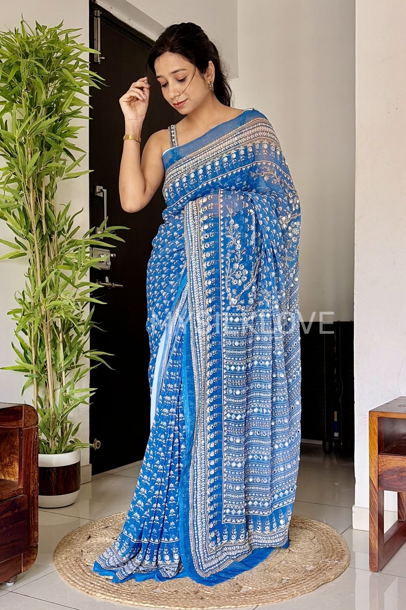 Buy MySilkLove Light Blue Ajrakh Georgette Mirror Work Saree Without Blouse Online