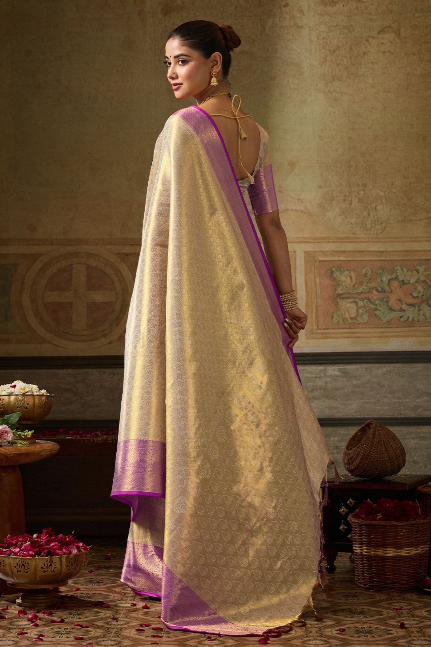 Buy MySilkLove Porcelain Cream Woven Kanjivaram Saree Online