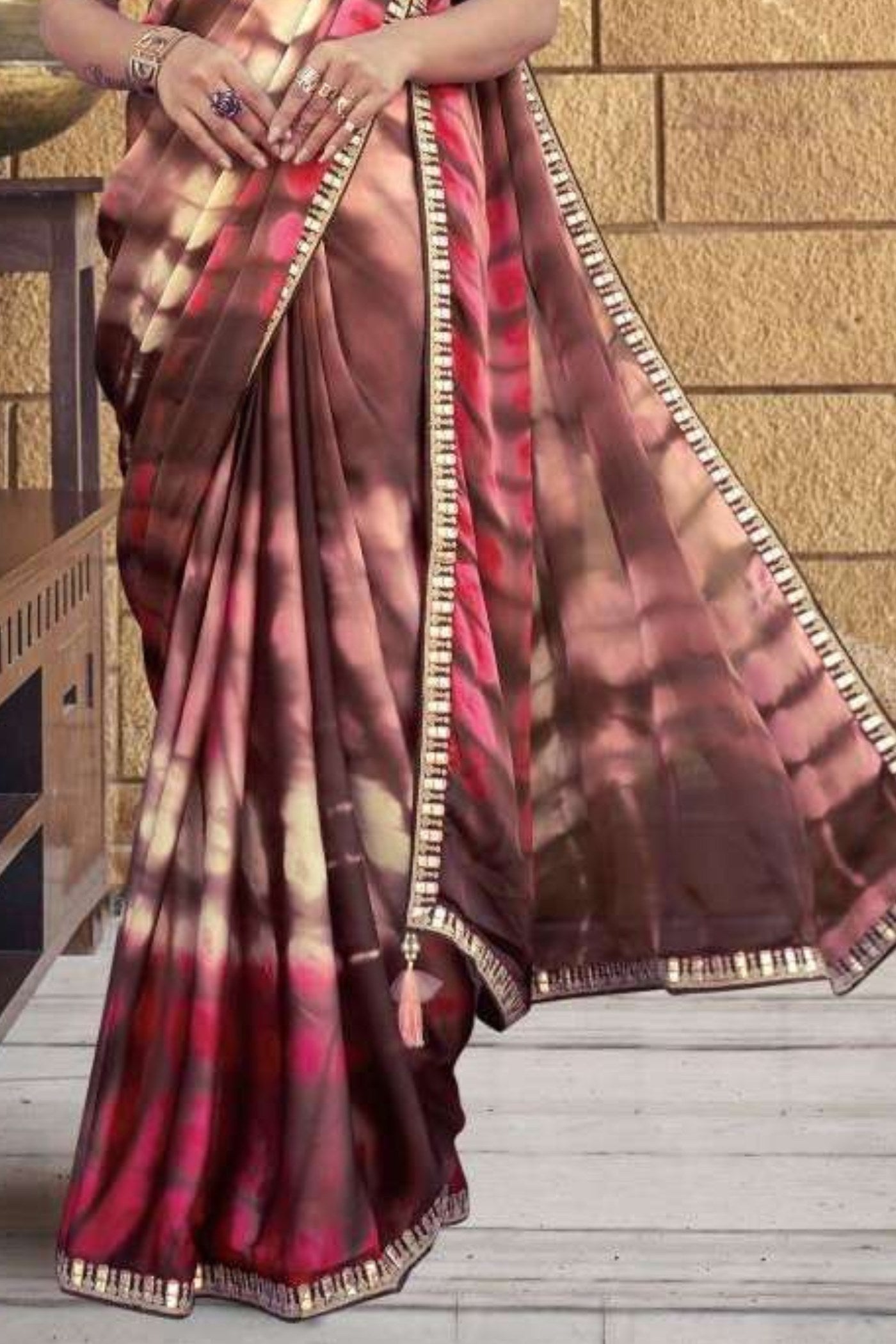 Buy MySilkLove Coral Tree Brown Georgette Printed Silk Saree Online