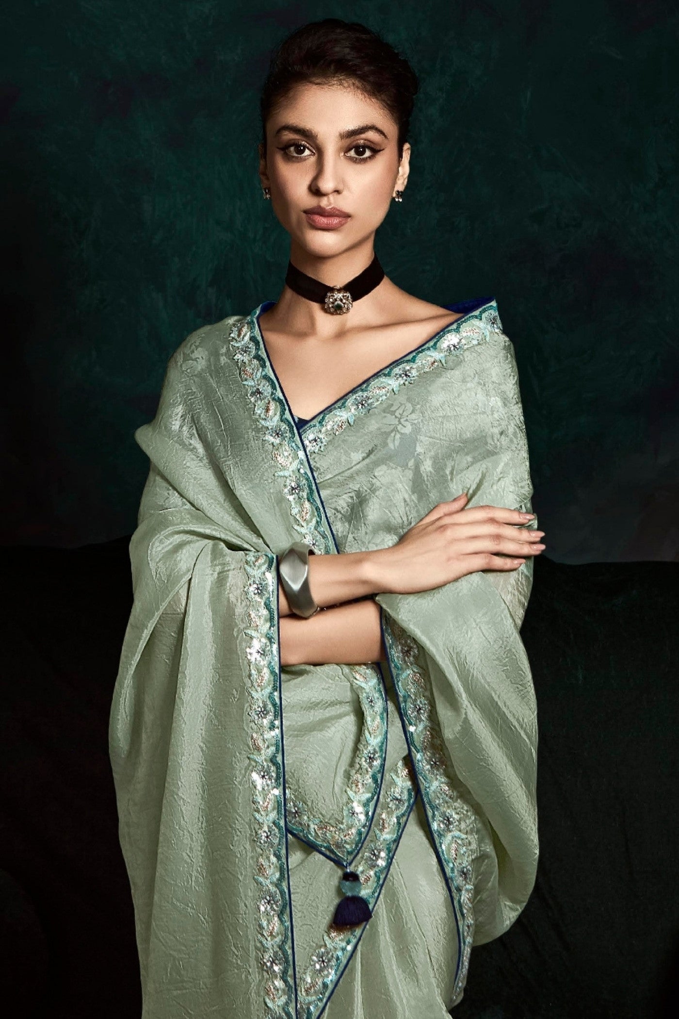 Buy MySilkLove Sage Green Embroidered Tissue Designer Saree Online