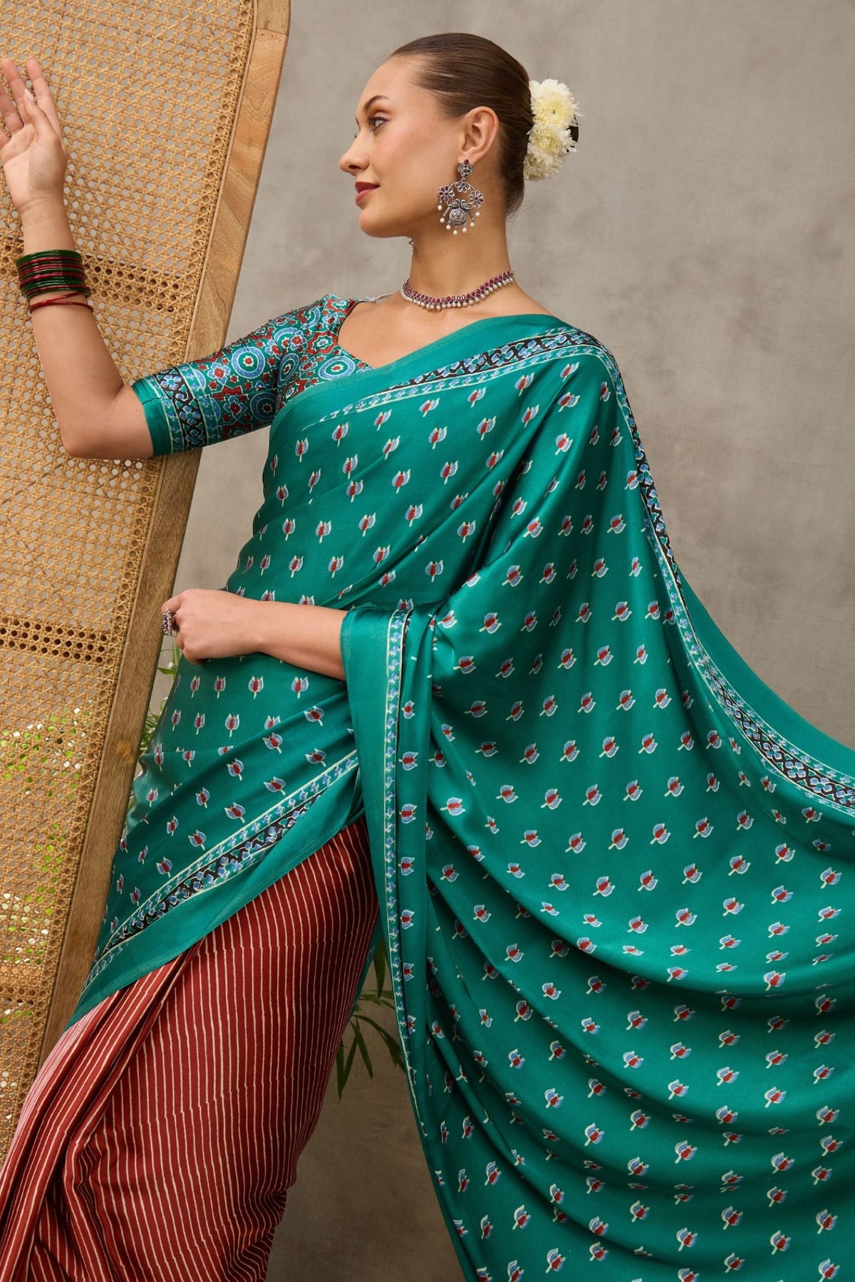 MySilkLove Mint Green and Brown Modal Satin Printed Silk Saree