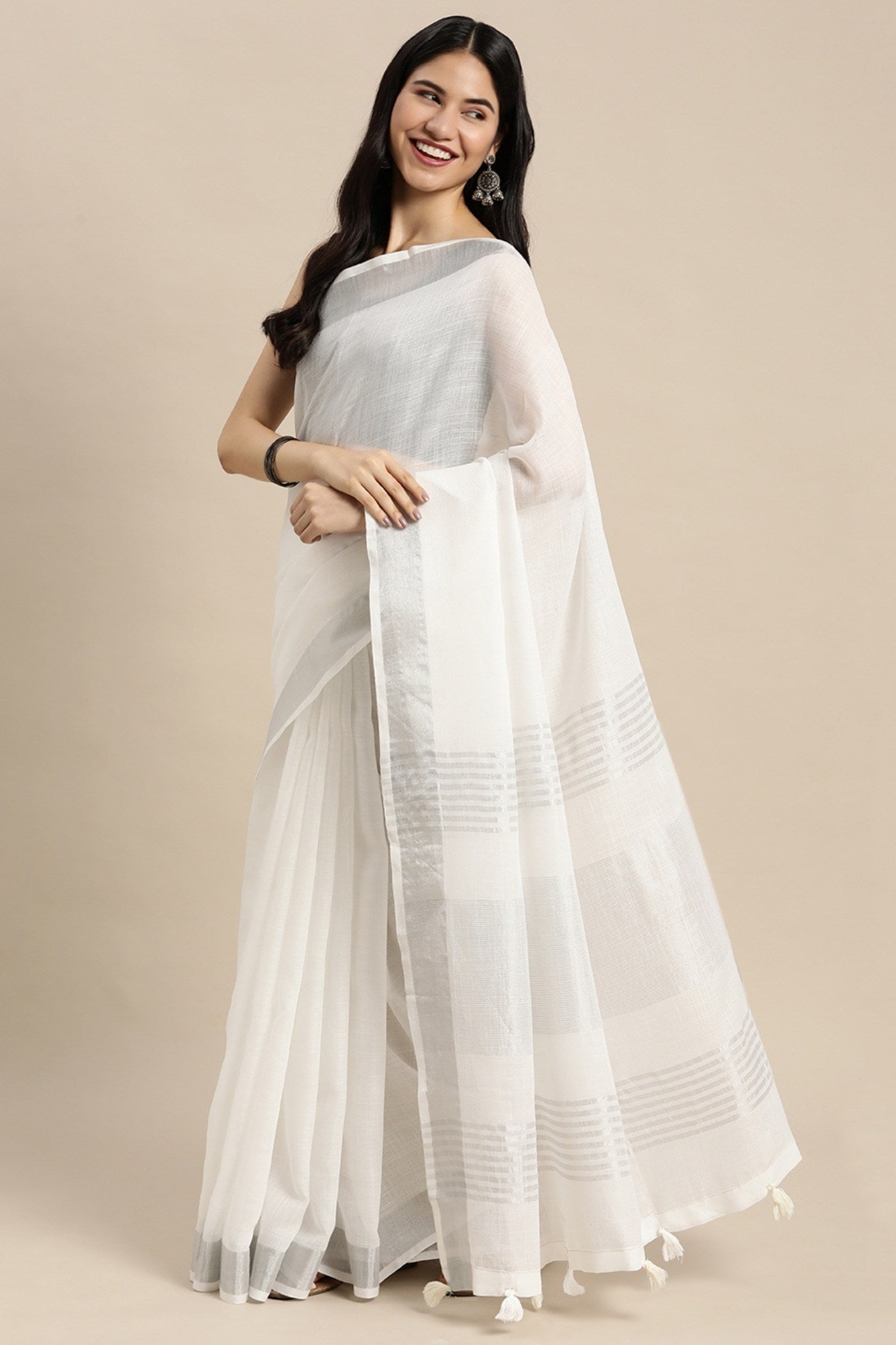 Buy MySilkLove Lily White Woven Linen Cotton Saree Online