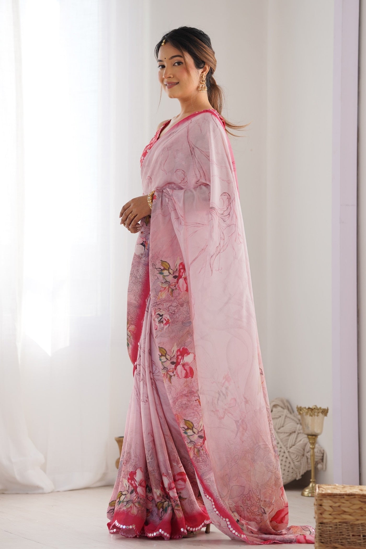 Buy MySilkLove Bush Pink Digital Printed Chinon Saree Online