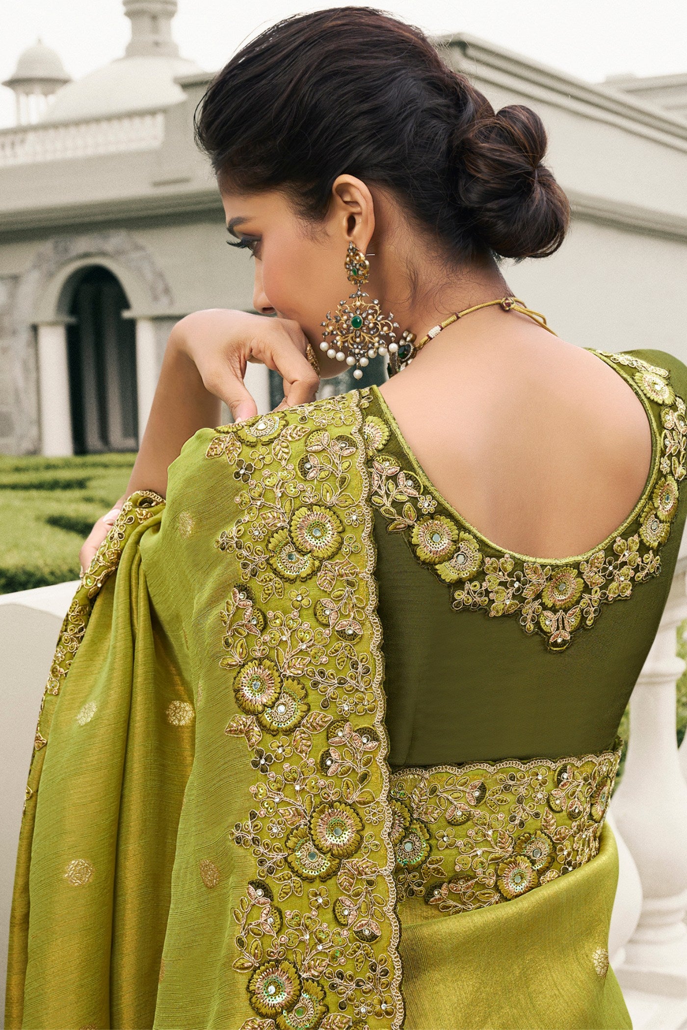 Buy MySilkLove Husk Green Banarasi Designer Embroidered Saree Online