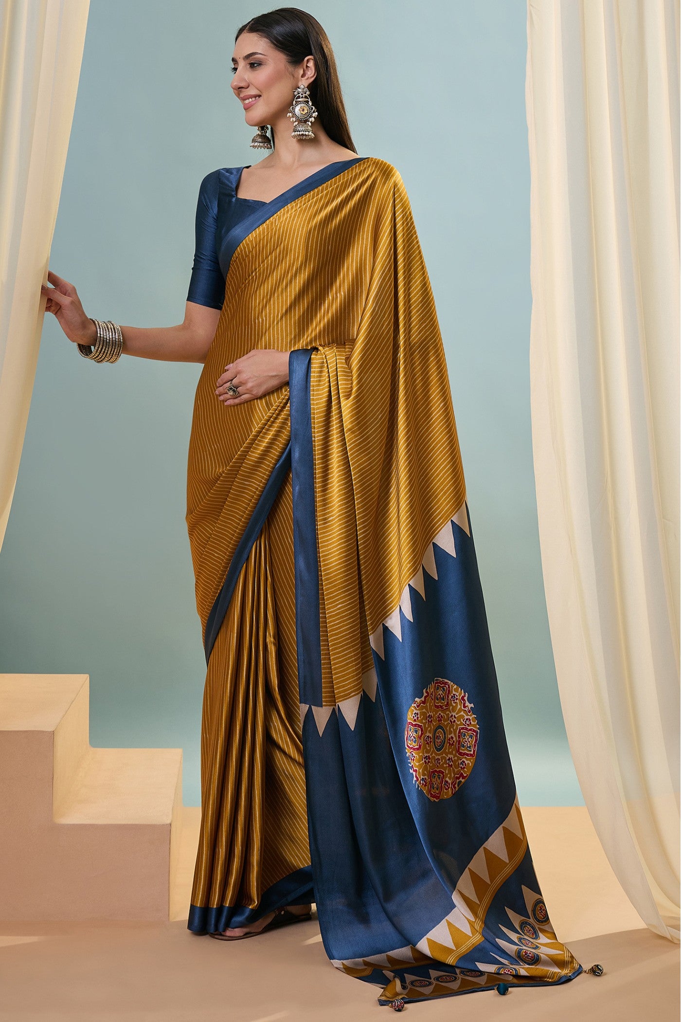 Buy MySilkLove Chrome Yellow Ajrakh Printed Satin Crepe Silk Saree Online