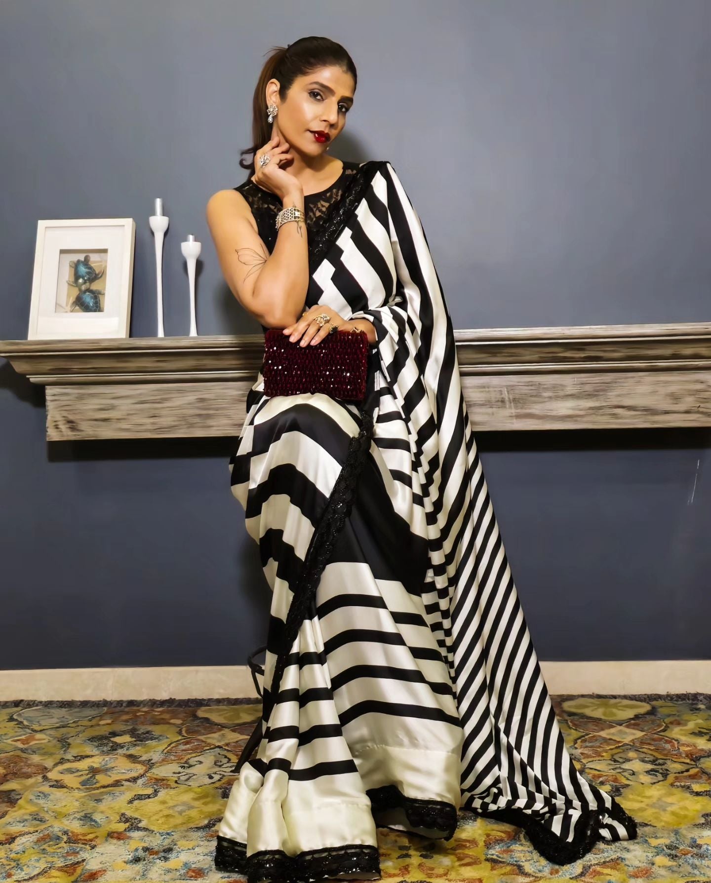 Buy MySilkLove Sisal Black and White Stripes Printed Satin Silk Saree Online