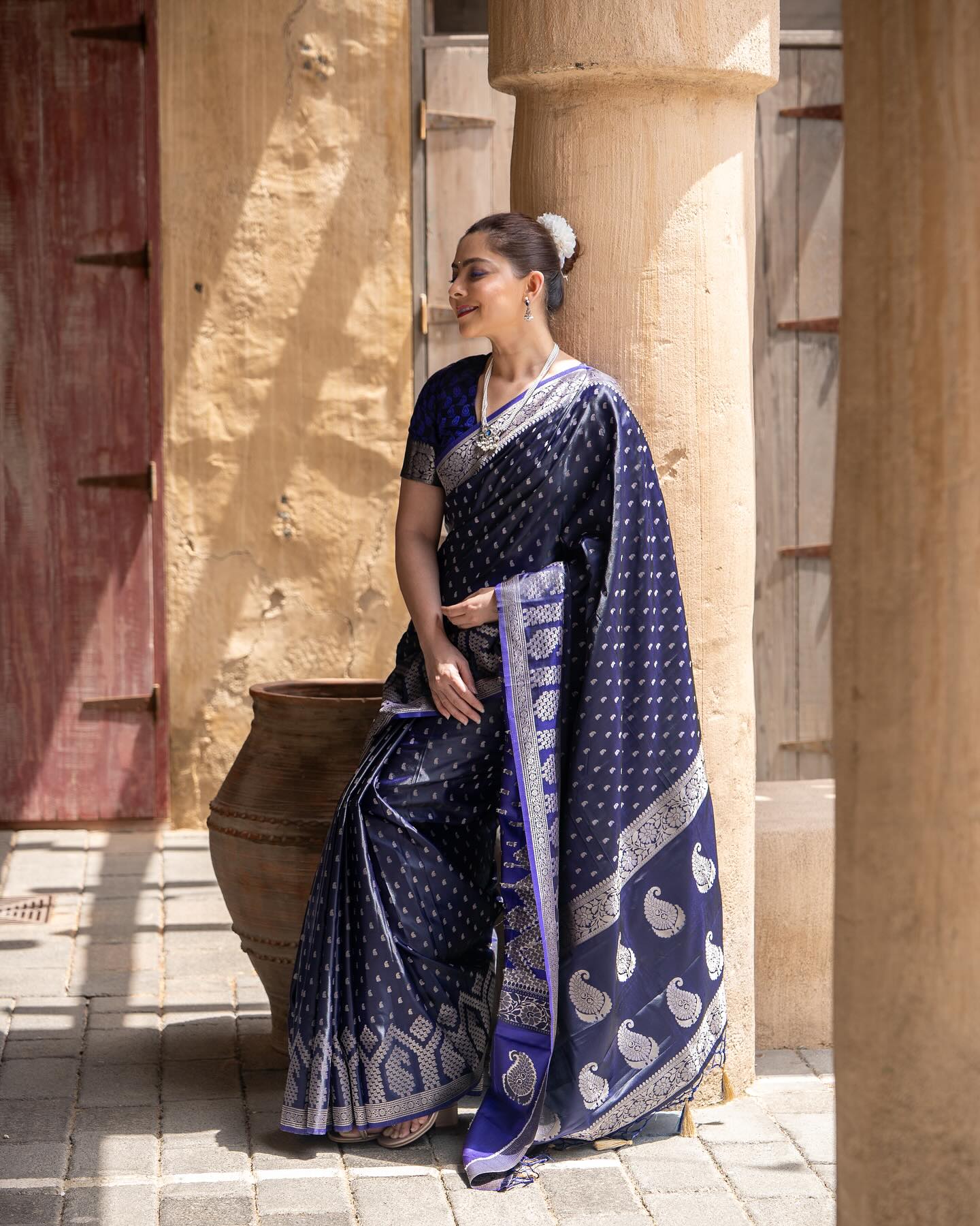 Buy MySilkLove Sonali Kulkarni in Martinique Blue Banarasi Handloom Satin Silk saree Online