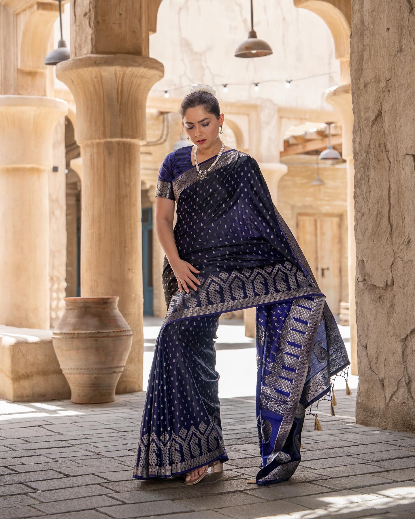 Buy MySilkLove Sonali Kulkarni in Martinique Blue Banarasi Handloom Satin Silk saree Online