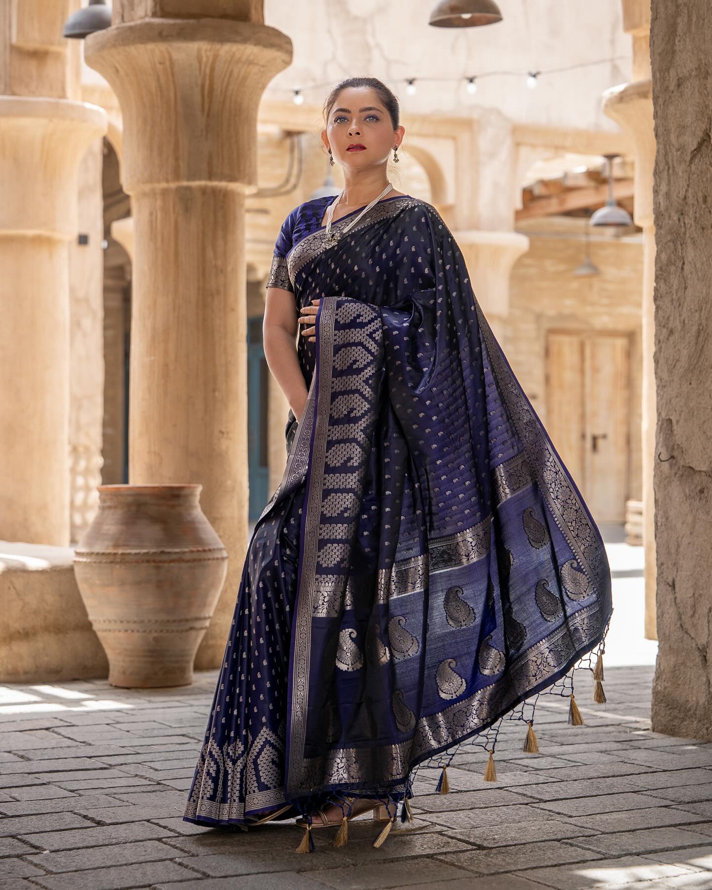 Buy MySilkLove Sonali Kulkarni in Martinique Blue Banarasi Handloom Satin Silk saree Online