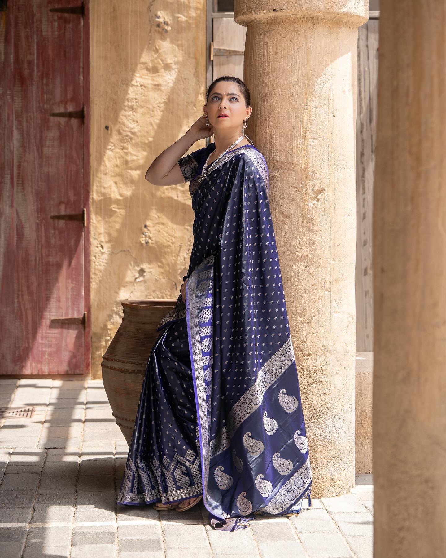 Buy MySilkLove Sonali Kulkarni in Martinique Blue Banarasi Handloom Satin Silk saree Online