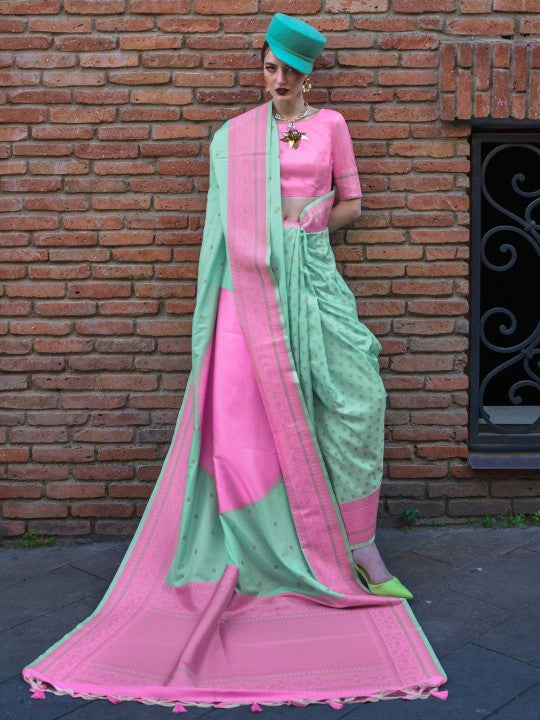 Buy MySilkLove Mint Green and Pink Banarasi Handloom Saree Online