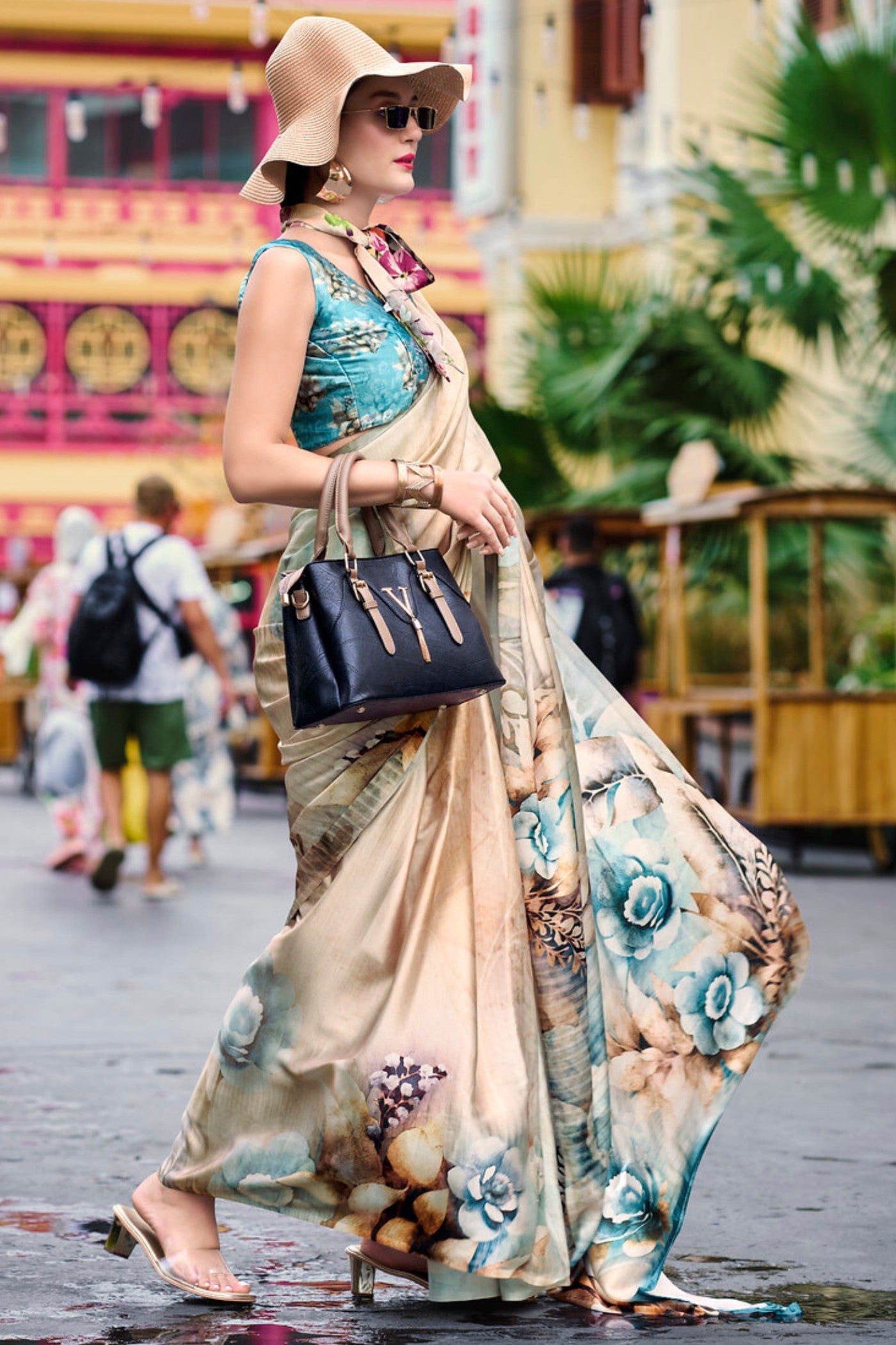 Buy MySilkLove Desert Sand Cream Printed Satin Crepe Silk Saree Online