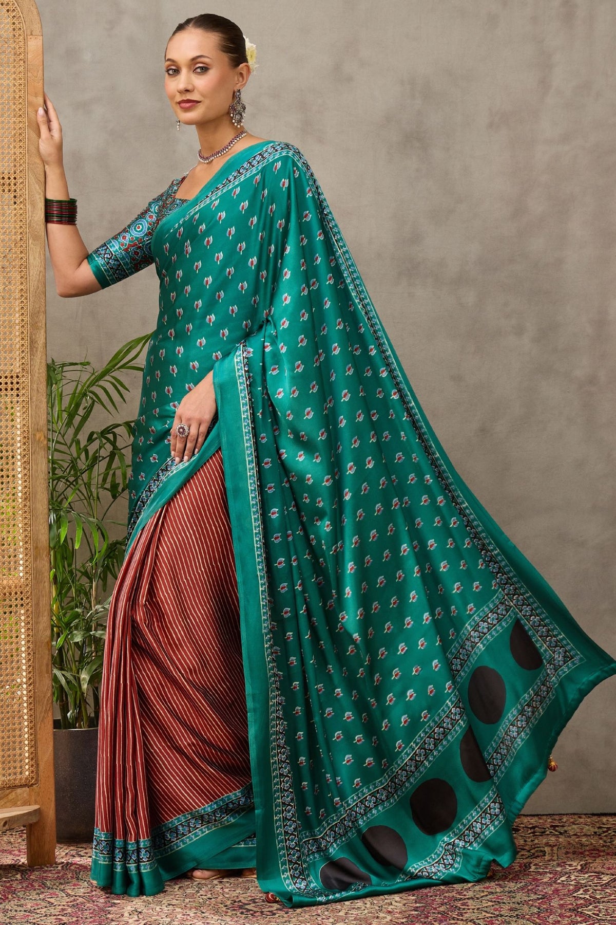 Buy MySilkLove Mint Green and Brown Modal Satin Printed Silk Saree Online