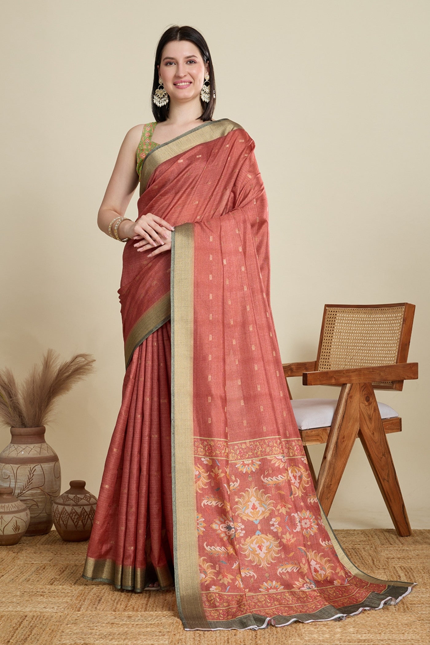 Buy MySilkLove Coral Peach Woven Cotton Saree Online