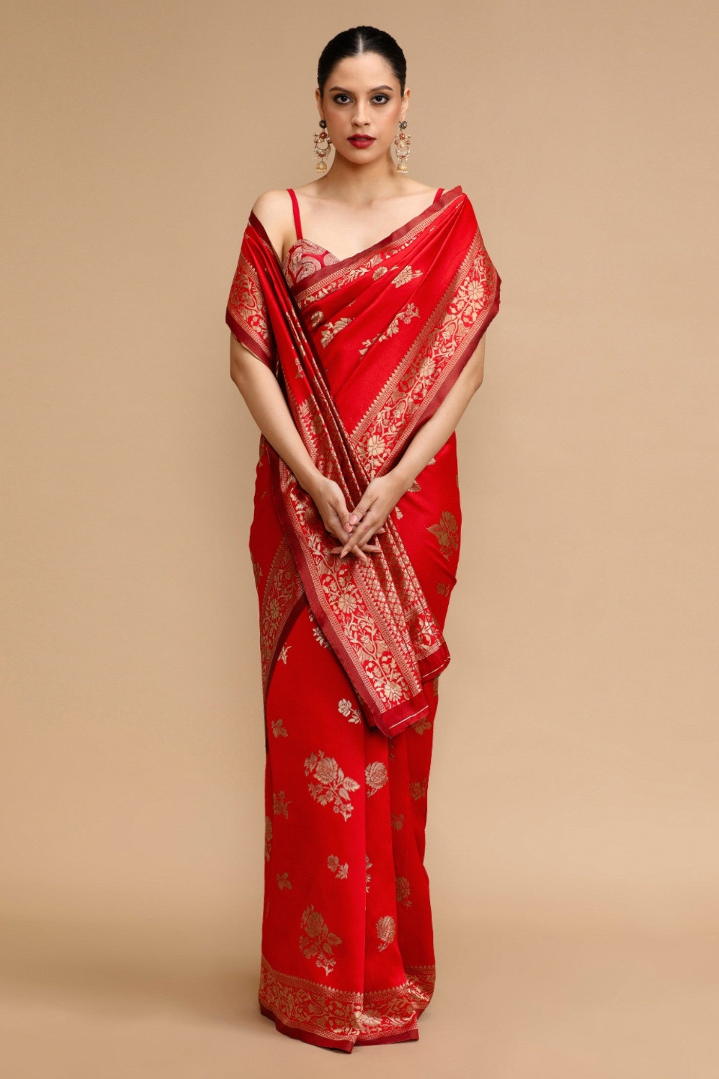 Buy MySilkLove Vermilion Red Woven Jacquard Lichi Silk Saree Online