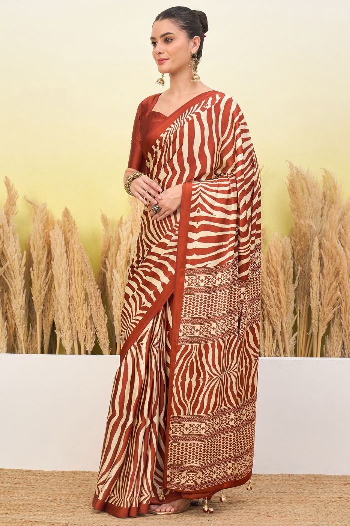 Buy MySilkLove Mocha Brown Modal Ajrakh Satin Printed Silk Saree Online