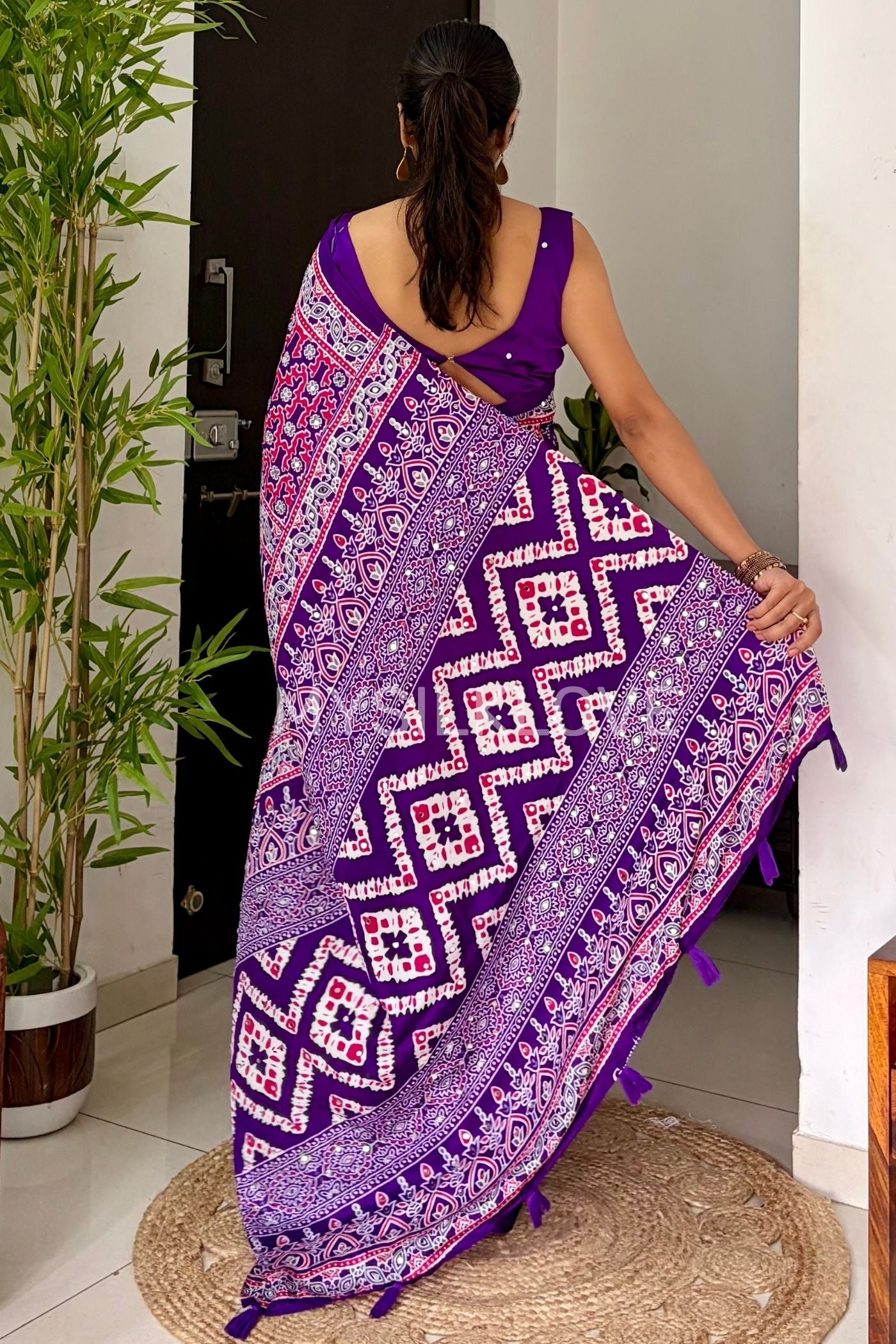 Buy MySilkLove Insolent Purple Ajrakh Satin Printed Mirror Work Saree Online