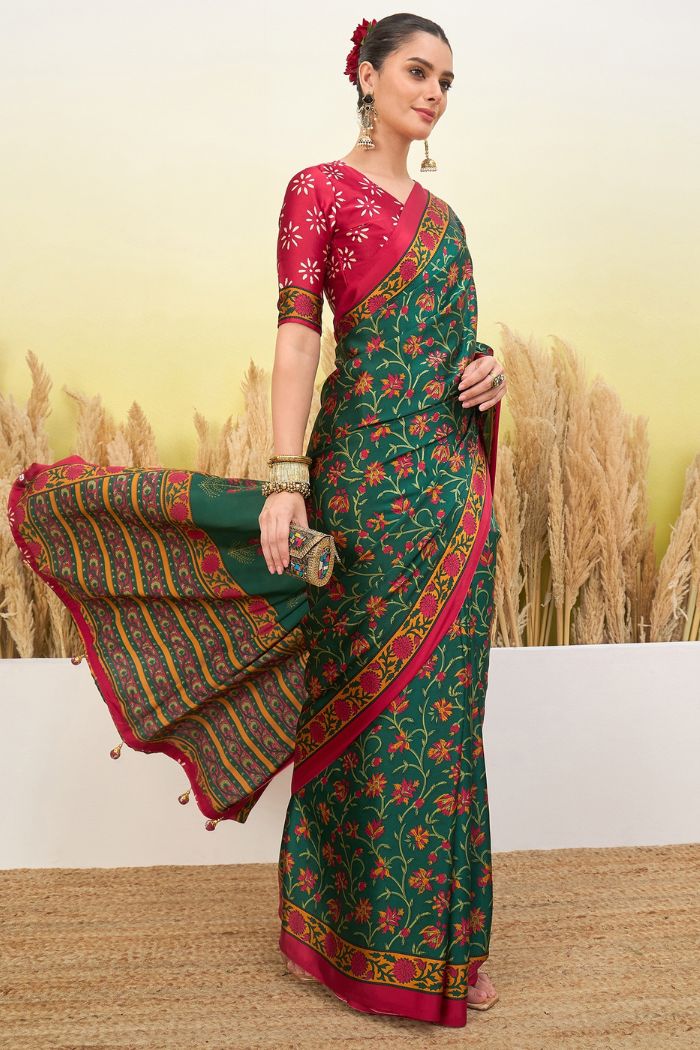 Buy MySilkLove Jungle Green and Red Modal Satin Printed Silk Saree Online